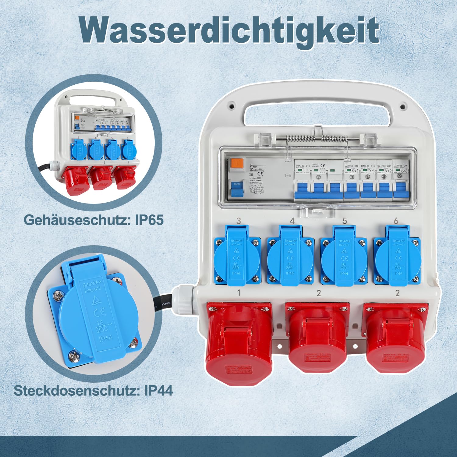 CEE Stromverteiler 32A mit FI, 4 Schuko, IP65 Gehäuse | Tragegriff und verriegelbares Gehäuse für schnellen Ortswechsel und geordnete Stromverteilung