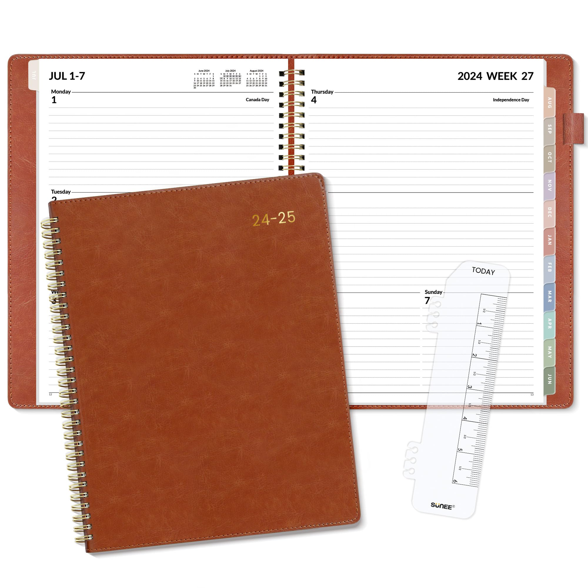 SUNEE 2024-2025 Weekly & Monthly Planner 9"x11.2" - 12 Month (July 2024 - June 2025), Vegan Leather Cover Planner Academic Year Calendar, Pocket, Notes, Monthly Tab, Brown