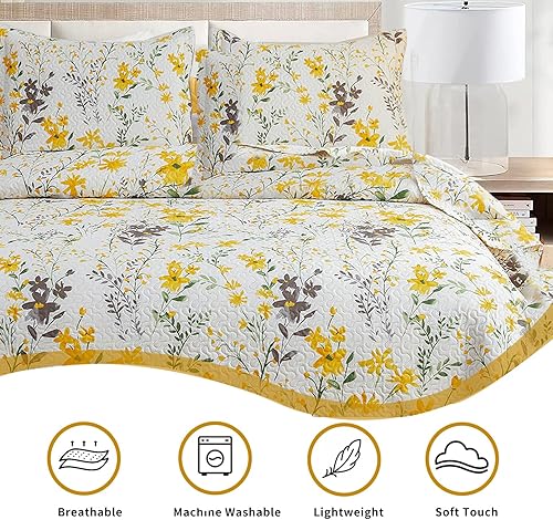 Miniatura 3 de MINCHI Juego de 3 piezas de edredón botánico de flores amarillas y hojas verdes, ligero y suave, para todas las estaciones (amarillo limón, King)
