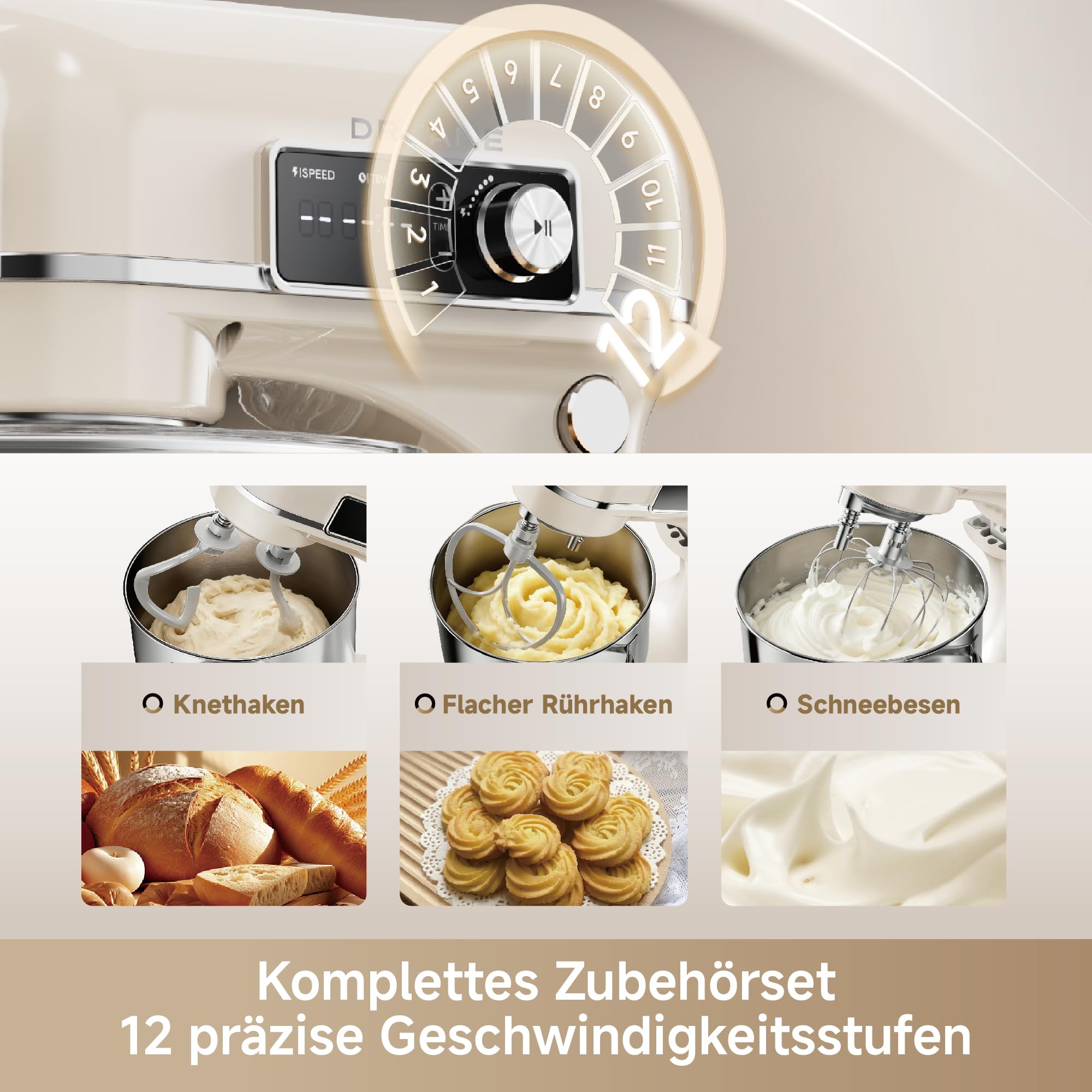 Dreame BioKnead™ Küchenmaschine mit Rührschüssel. Patentierter Doppelknethaken und leiser 800-W-DC-Motor für 6-L-Schüssel. Digitales Display, 12 Geschwindigkeiten