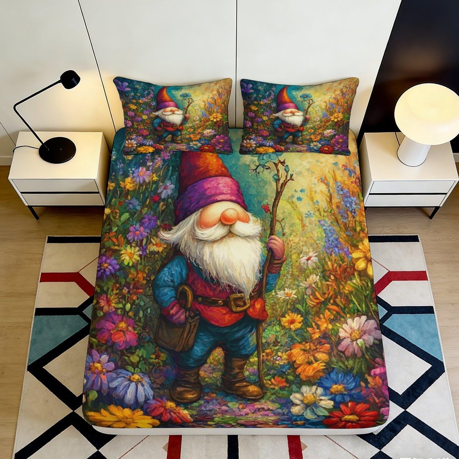 3D Printed Garden Gnome Fitted Sheet Microfiber Deep Pocket Non-Slip Bedding Garden Gnome Mattress Fitted Cover Full Wrap 90x200x25cm