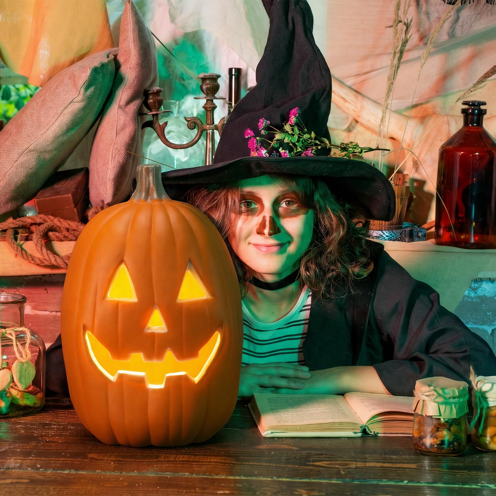 Huquary Lanterna a forma di zucca di Halloween, 40,6 cm, in plastica, con illuminazione a forma di zucca con LED spettrale, decorazione per Halloween, Ringraziamento, autunno, da tavolo, comodino