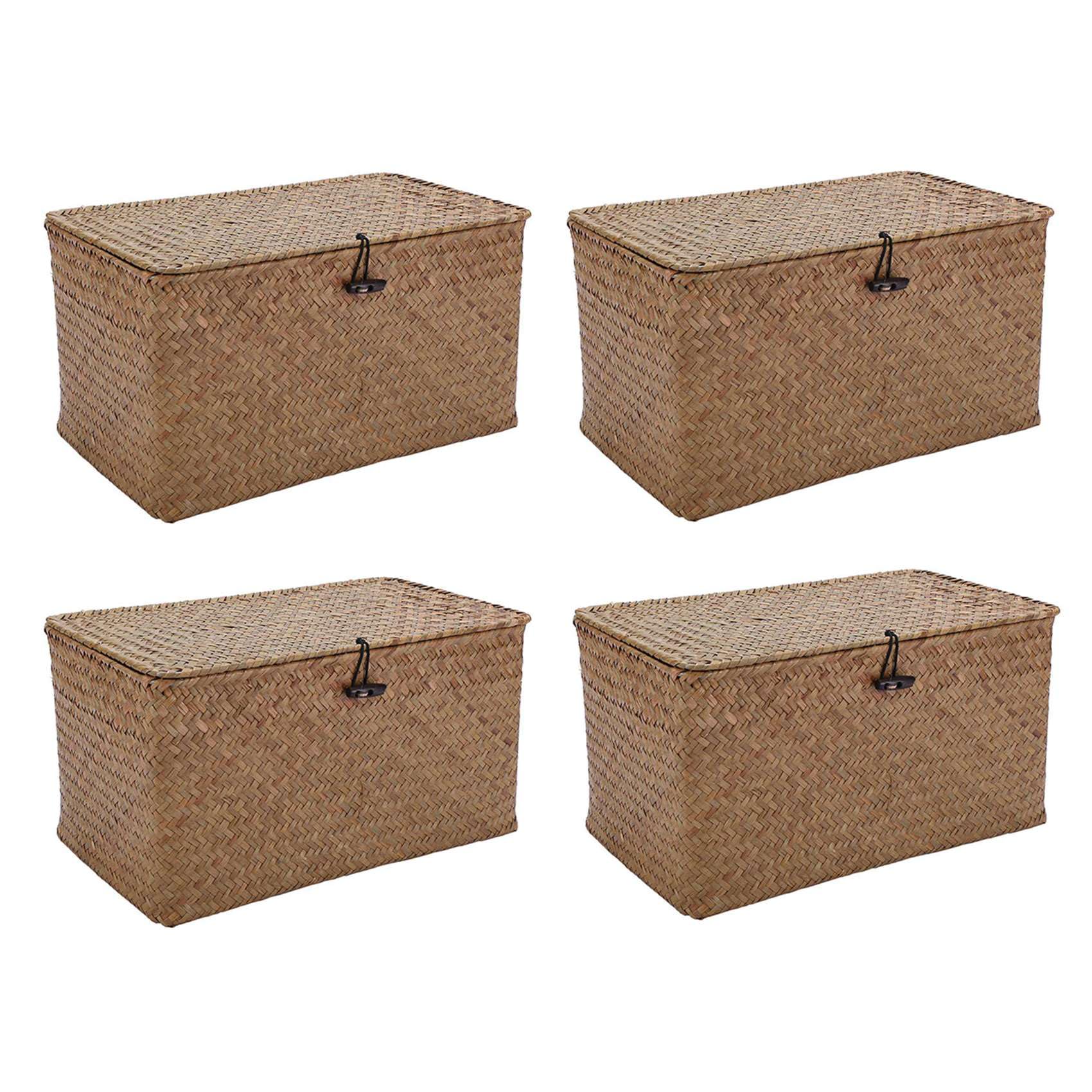 Hndhbfgrt 4X Handmade Straw Woven Storage Basket with Lid Makeup Storage Box Seagrass Laundry Baskets Rattan Jewelry Box(M)