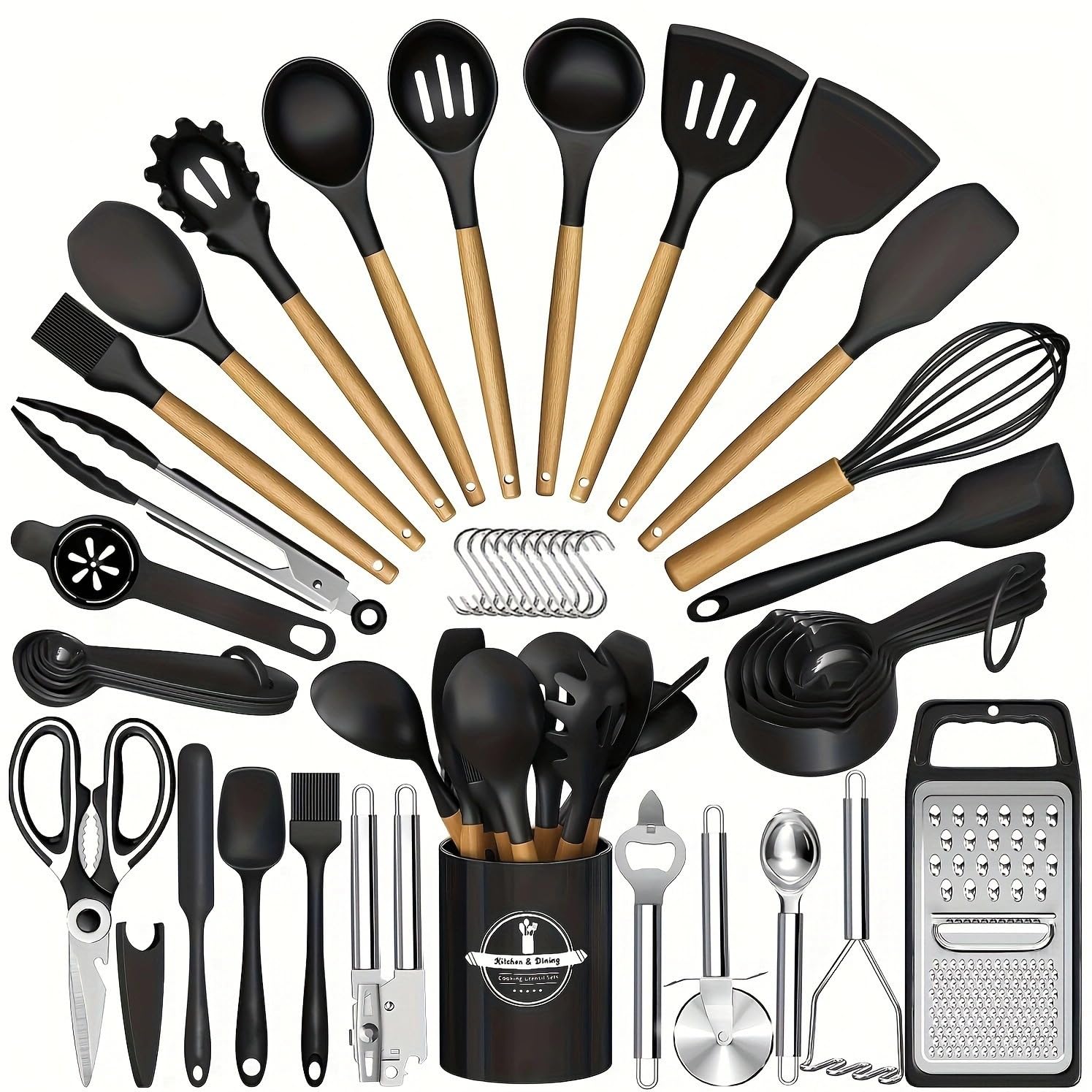 32/44 Küchenhelfer-Set aus lebensmittelechtem Silikon mit Halter, Koch- und Backutensilien, Messbechern und Löffeln, hitzebeständig bis 220 °C, spülmaschinenfest, antihaftbeschichtet