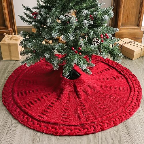 Miniatura 5 de Falda de árbol de Navidad de 36 pulgadas: falda de árbol de 6 pies, falda de árbol pequeño de punto trenzado color rojo vino, faldas de árbol