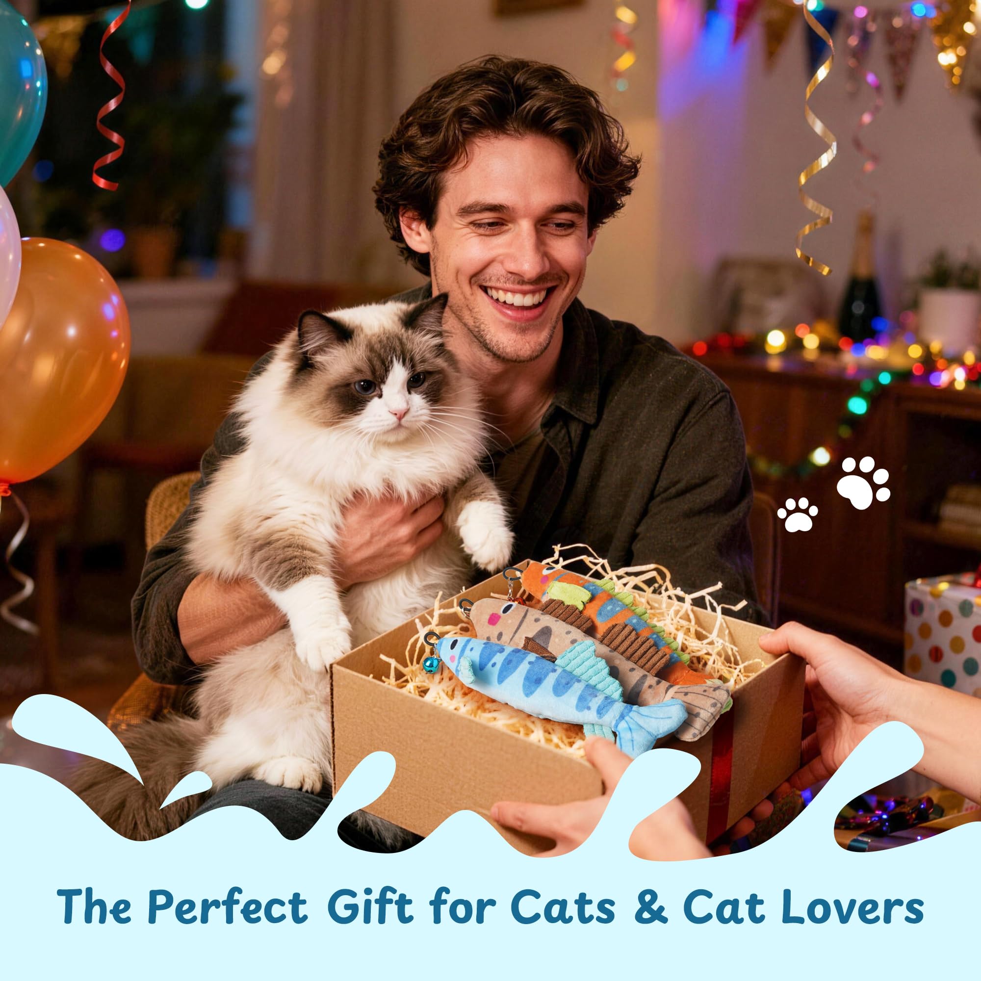 PURETOY Katzenminze-Spielzeug, extra großes Spielzeug für Indoor-Katzen mit abnehmbarer Glocke, 100% natürliche nordamerikanische Katzenminze, Schlenkerfisch, Katze, Knistergeräusch und weiche