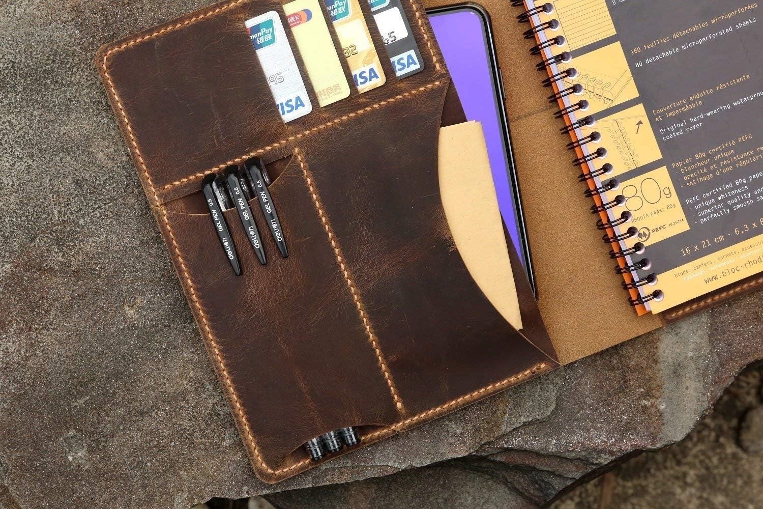 Personalized real genuine leather cover portfolio for RHODIA wirebound meeting notebook A5+ size NA5P05RC