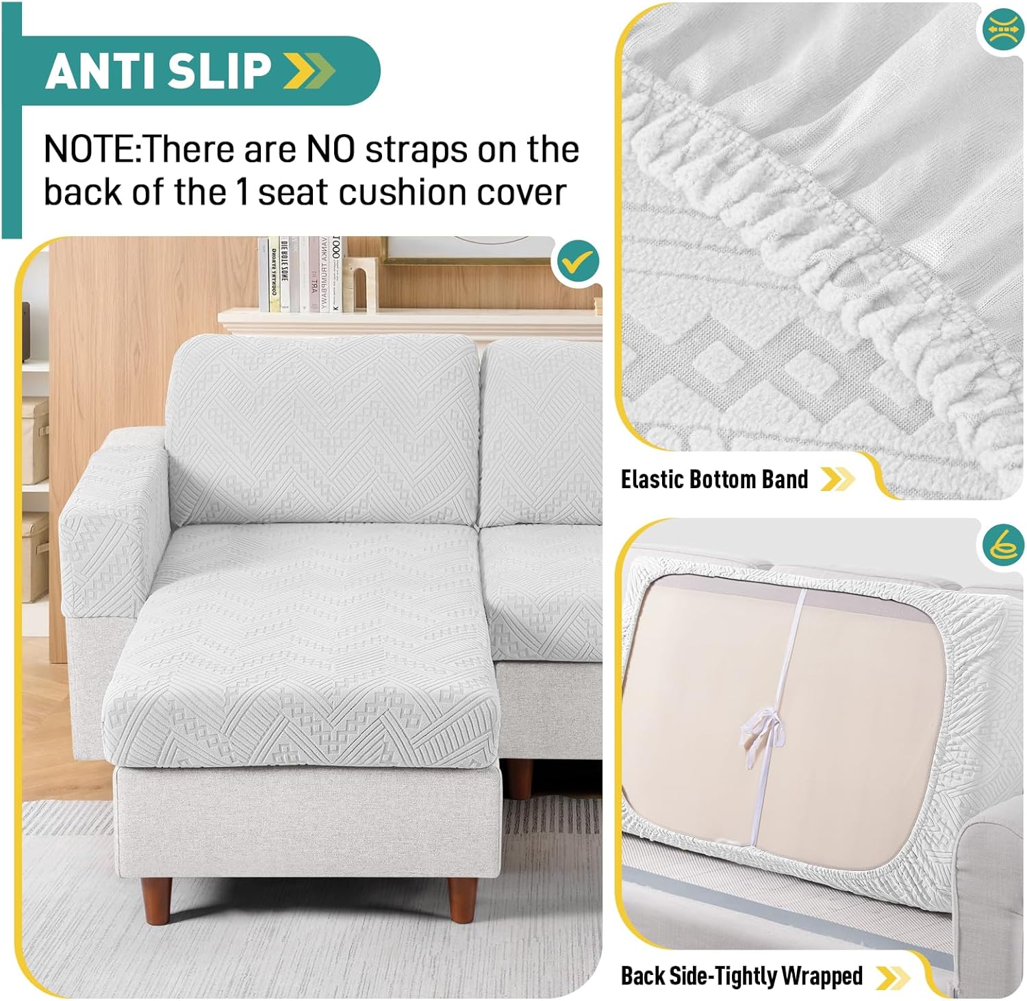 Ruaozz Couch Cushion Covers for Sectional Sofa Stretch Seat Cushion Covers Washable Sofa Slipcovers for L Shaped Soft Furniture Protector Pet Friendly (3 PC Seat + 1 PC Chaise Cover, Ivory)