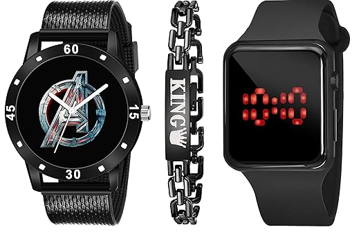 CERO Pack of 3 New Analogue Watch and King Bracelet & LED Watch Combo Set Men's and Boys Watches
