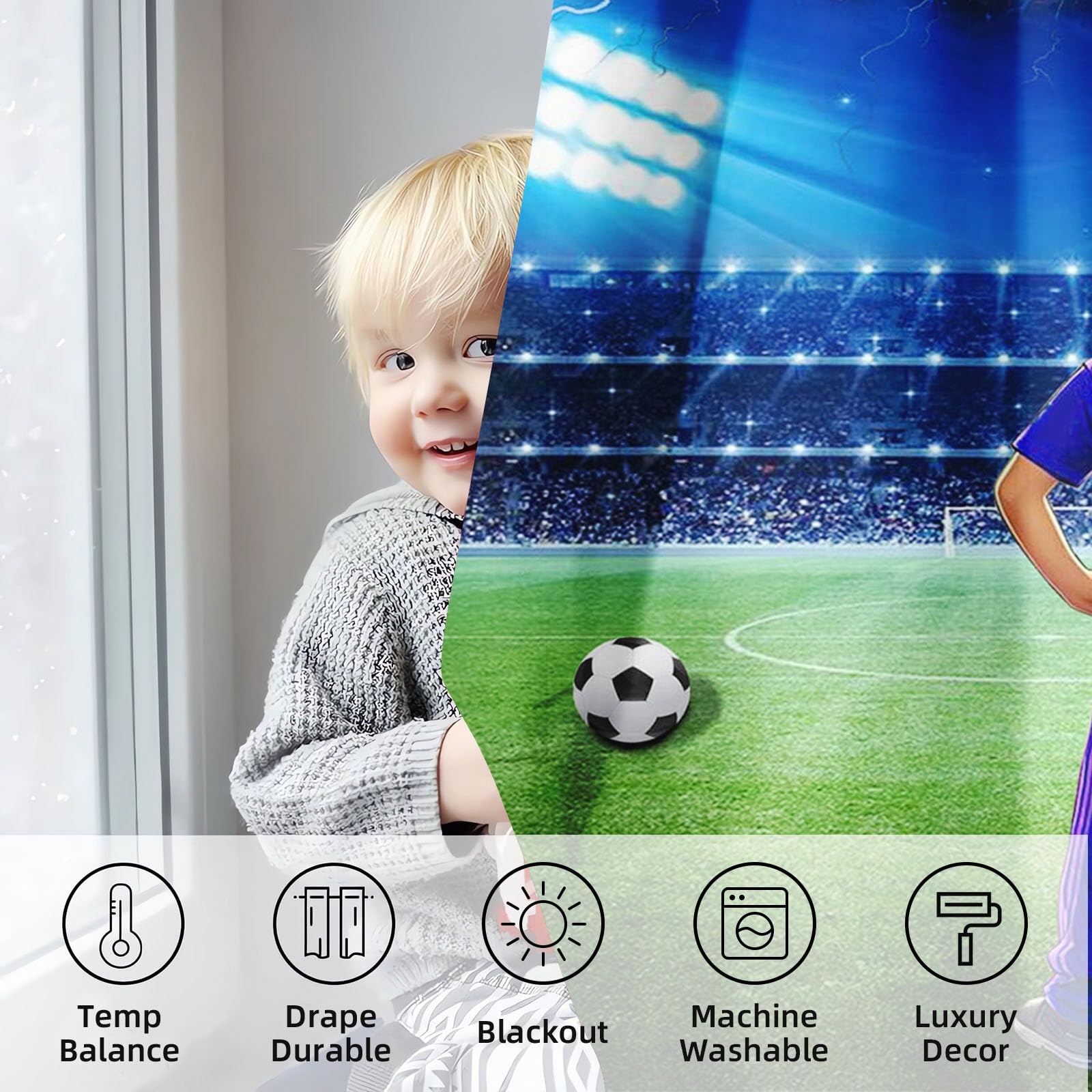 Fußball Vorhänge Blickdicht Verdunkelungsvorhänge Fußball Mit Ösen, Personalisierte Fußball Vorhang Gardinen Verdunklungsgardine 2er Set Für Kinder Jungen (280x180cm(BxH)/ 140x180cmx2,1)