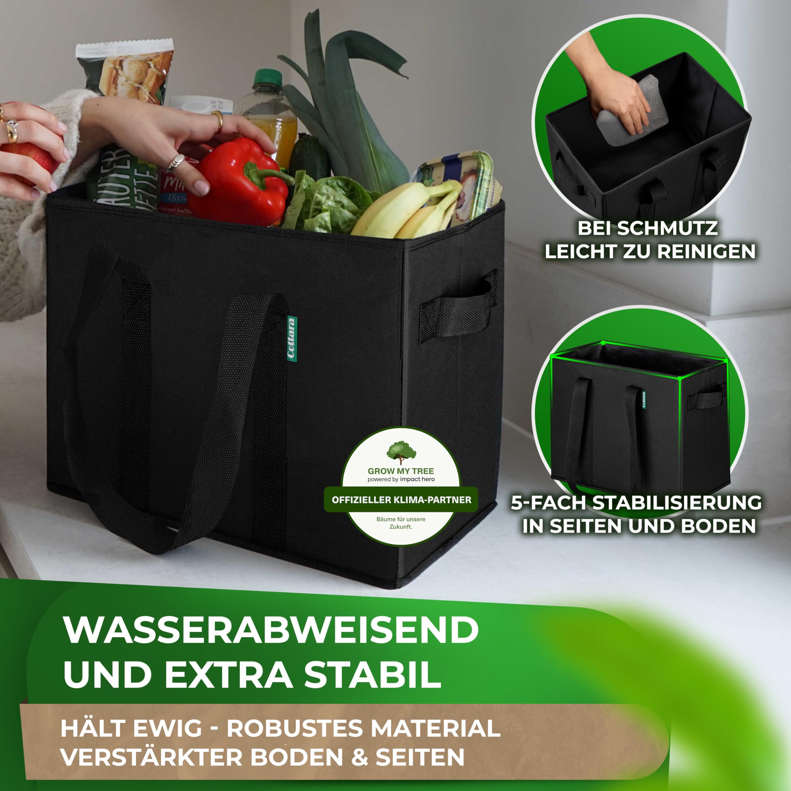 COTTARA® faltbare Einkaufstasche groß 3er Pack & Obstnetz – stabiler großer Einkaufskorb faltbar mit verstärktem Boden – Ideale Einkaufstasche für Einkaufswagen & Kofferraum – 80 L Schwarz