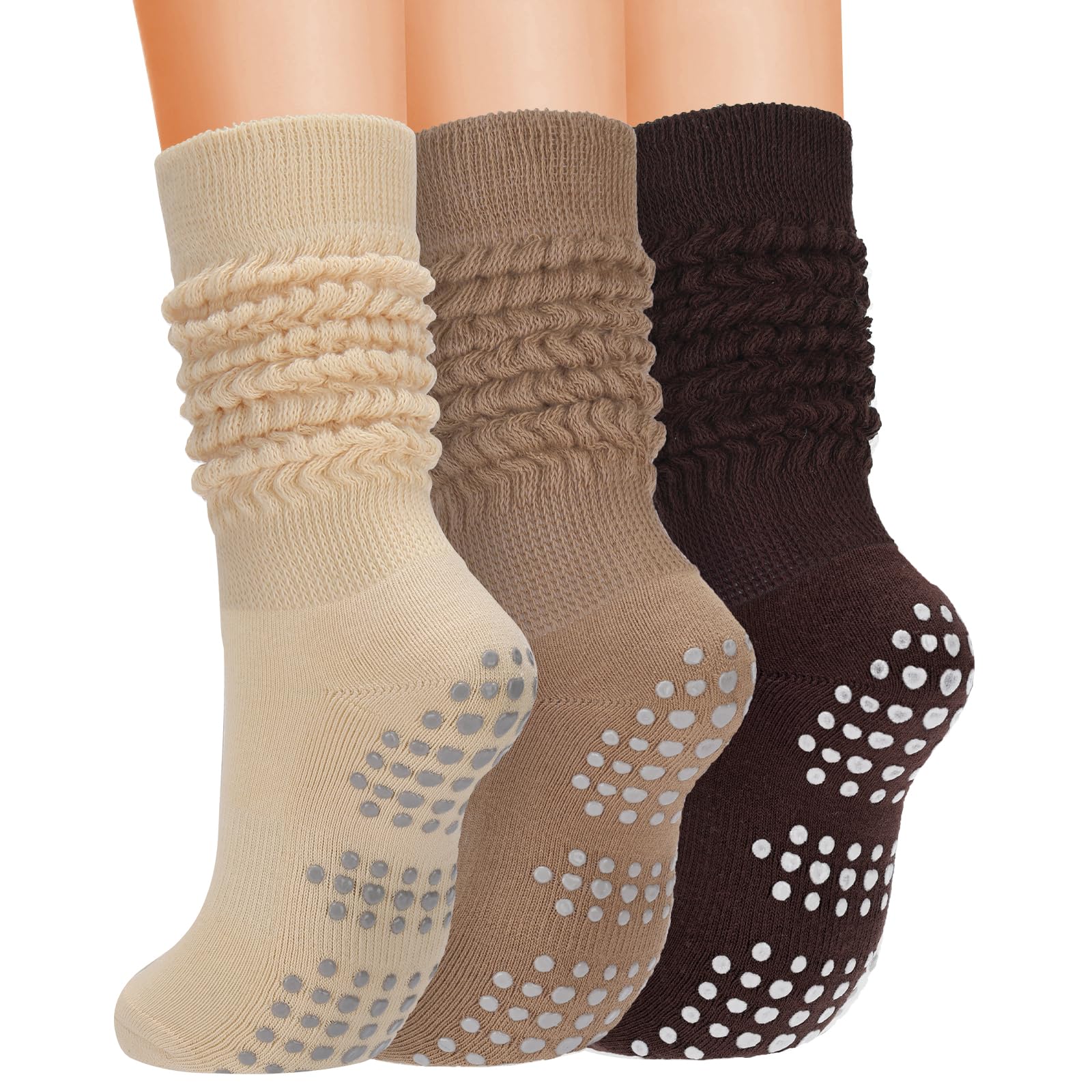 Airpal 3 Pairs Grip Pilates Socks for Women, Non Slip Yoga Slouch Socks Barre Workout Scrunch Socks, Beige, Brown, Dark Brown, One size
