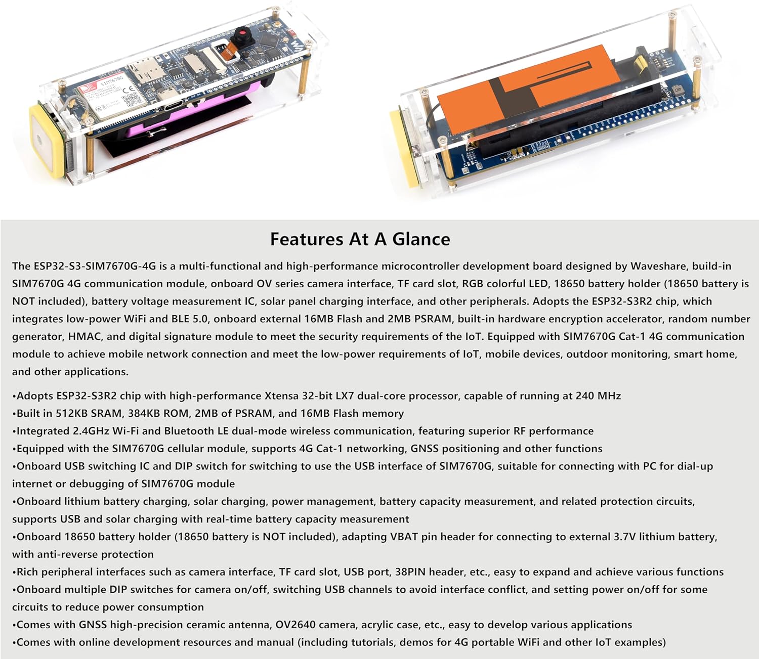 ESP32-S3 SIM7670G 4G Development Board, LTE Cat-1/WiFi/Bluetooth/GNSS Positioning, Global Coverage Multi Band, Onboard Camera/Antenna, Suitable for 4G Portable WiFi, Solar Panel or USB Charging