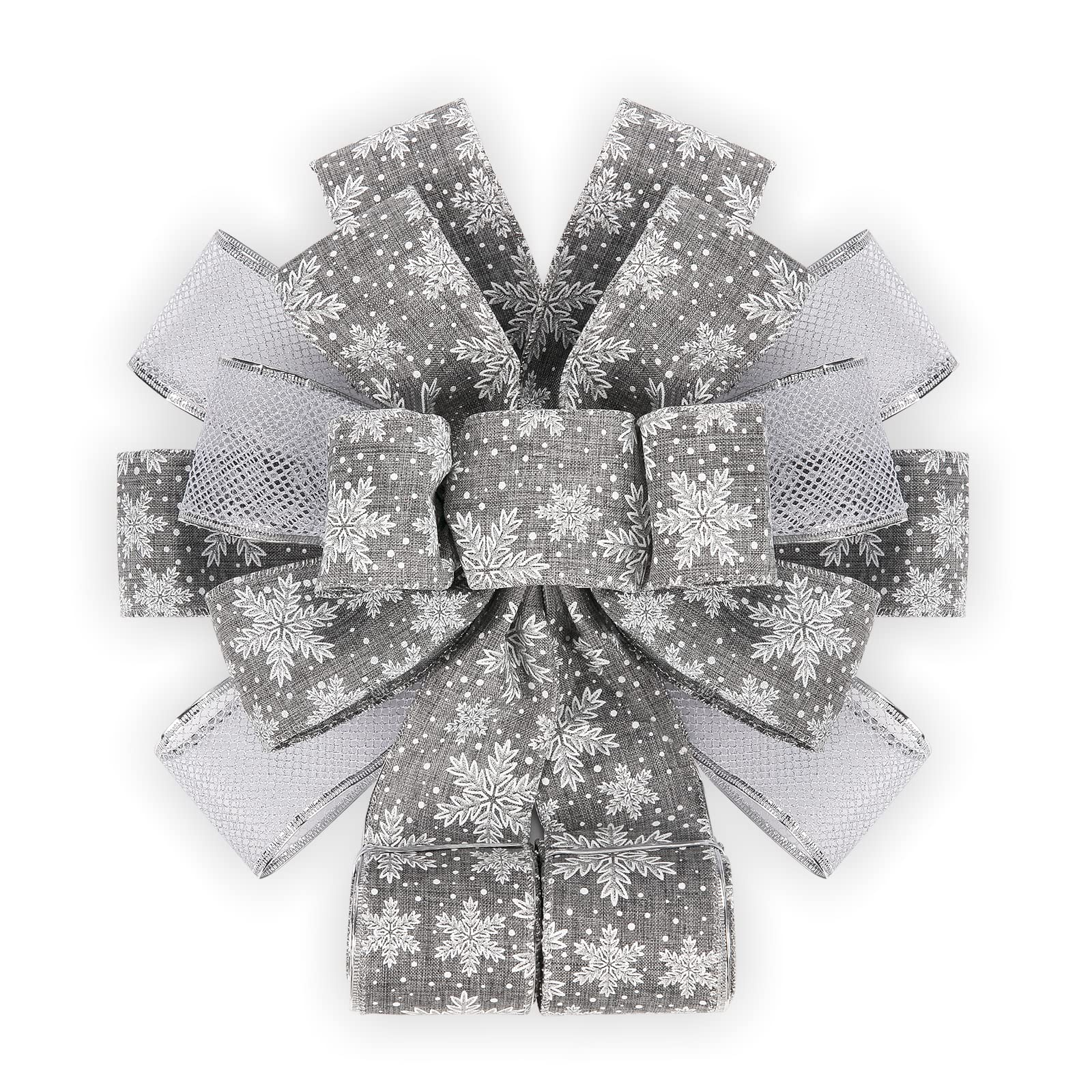 Christmas Tree Topper Bow 16" Sq Bow with 3.3 Yards Long Tails, Large Christmas Bow with Glitter Mesh Streamer, Christmas Tree Decoration - Sliver Snowflake