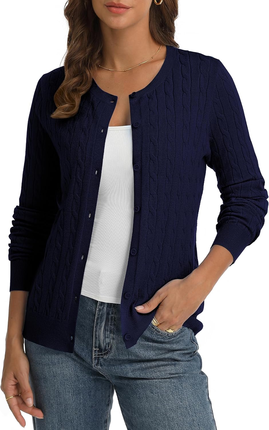 QUALFORT Womens Cable Knit Cardigan Sweaters Long Sleeve Lightweight Crewneck Button Up Sweater 2026