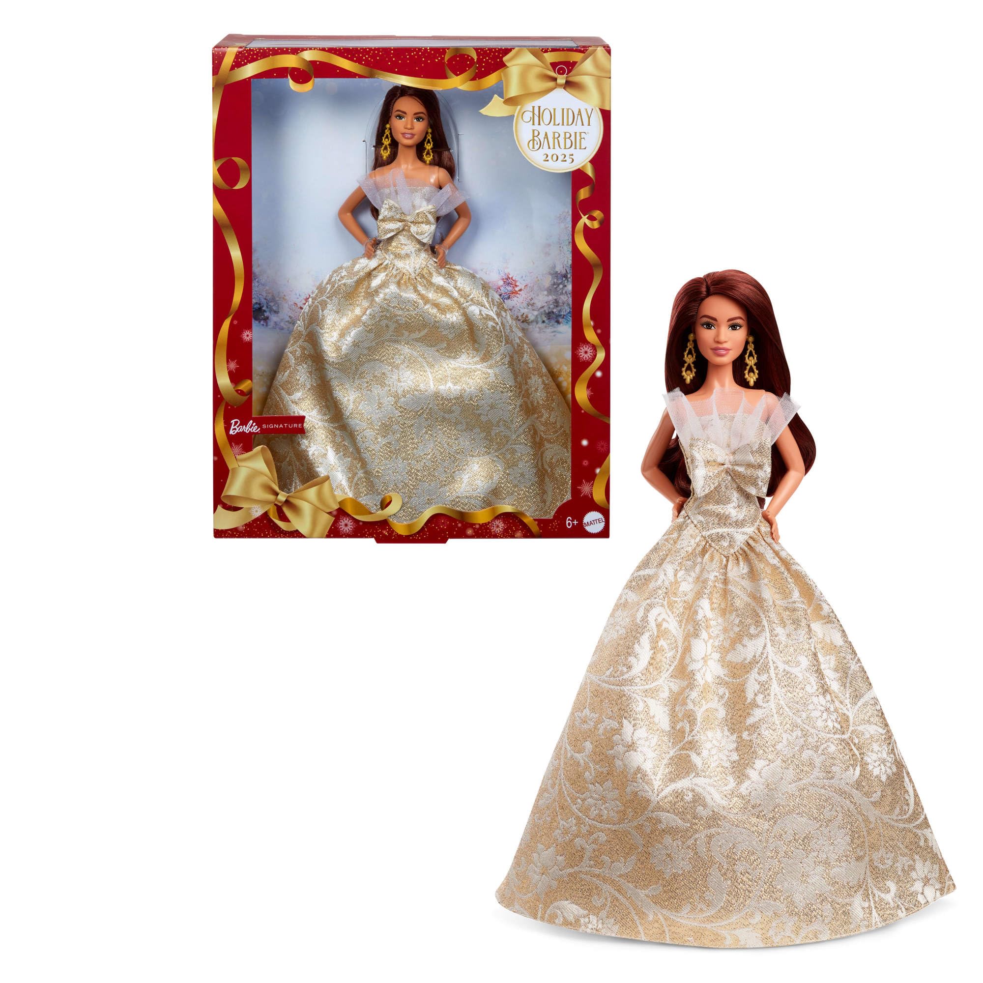 Barbie Signature Magia delle Feste 2025, bambola da collezione con capelli castani e abito argento e oro, confezione da esporre, regalo per le feste, giocattolo per bambini, 6+ anni, JBJ02