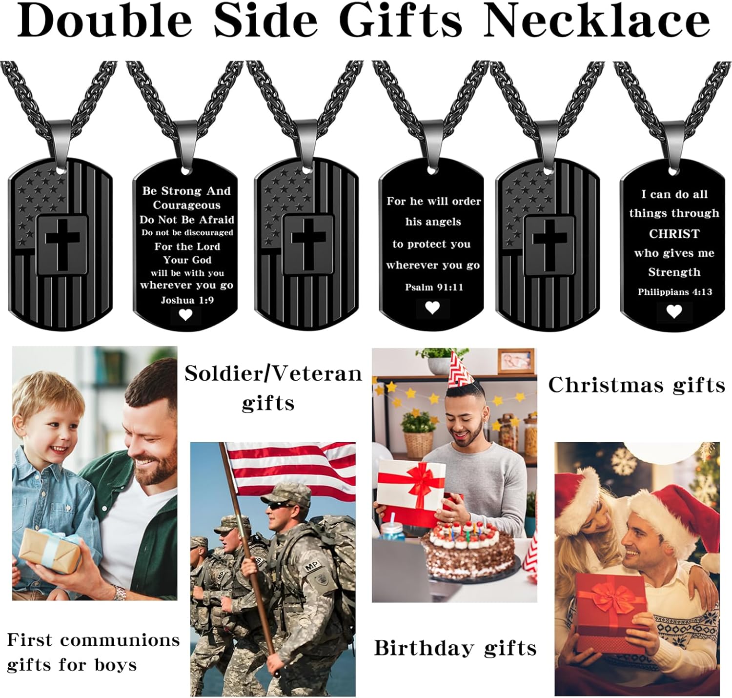Dog Tag Christian Necklace for Men, Bible Verse American Flag Cross Necklace for Birthday Christmas First Communion Baptism Gifts - Image 6