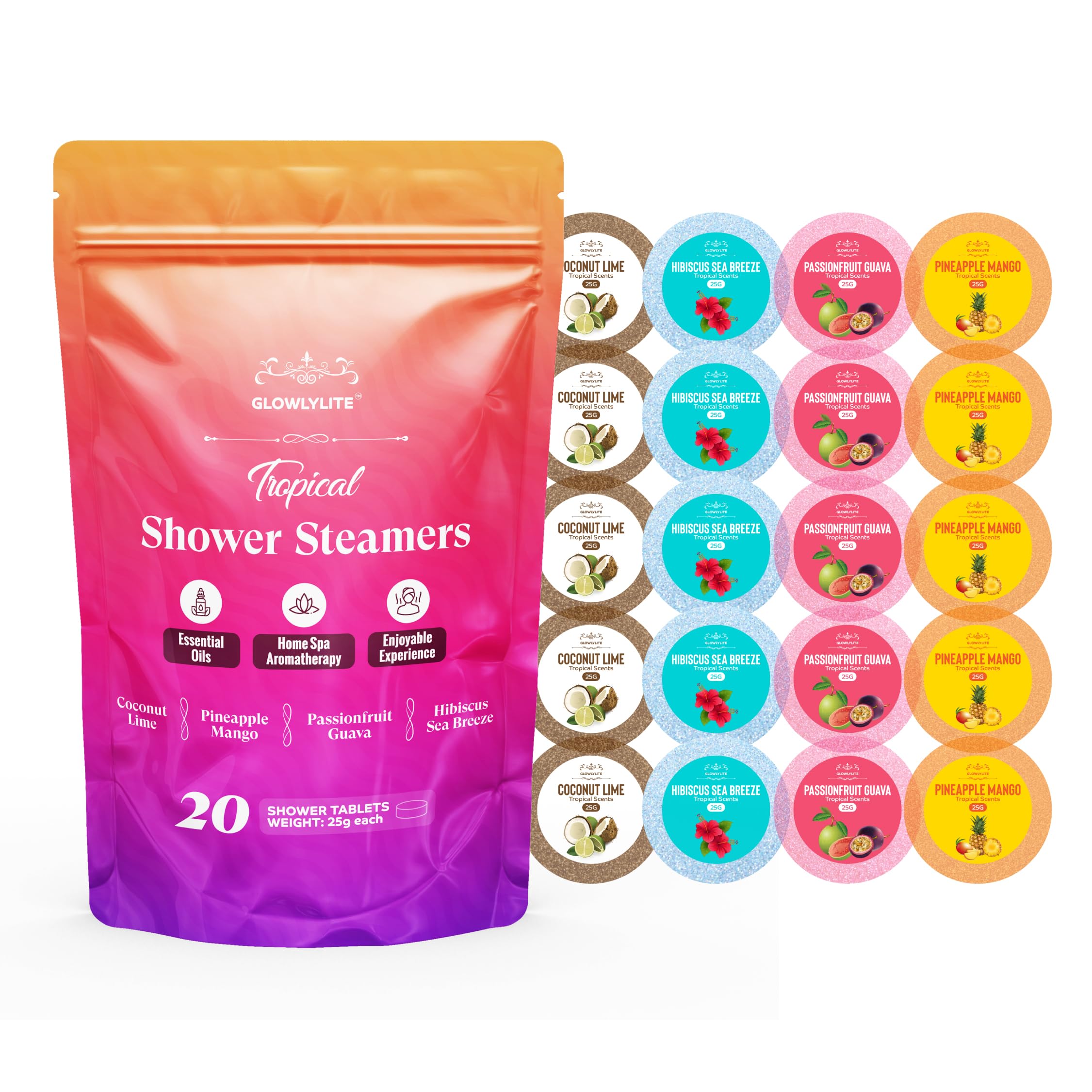 Shower Steamers Aromatherapy | 20 Pack Shower Steamer for Women | Individually Wrapped Shower Bombs for Stocking Stuffers, Gifts for Mom, Self-Care & Relaxation (Tropical)