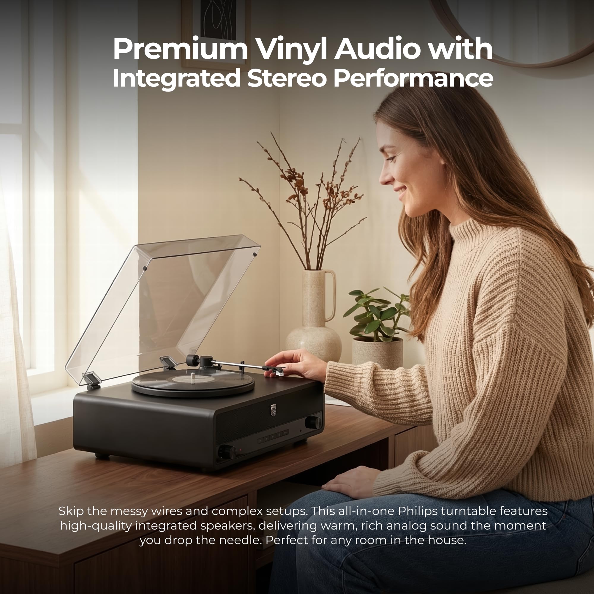 Philips Record Player, All-in-One Bluetooth Turntable with Built-in Speakers, 3-Speed Belt-Drive Vinyl Record Player, Audio-Technica Stylus, Wireless Streaming in & Out, RCA/AUX/Headphone, Auto-Stop — view 9