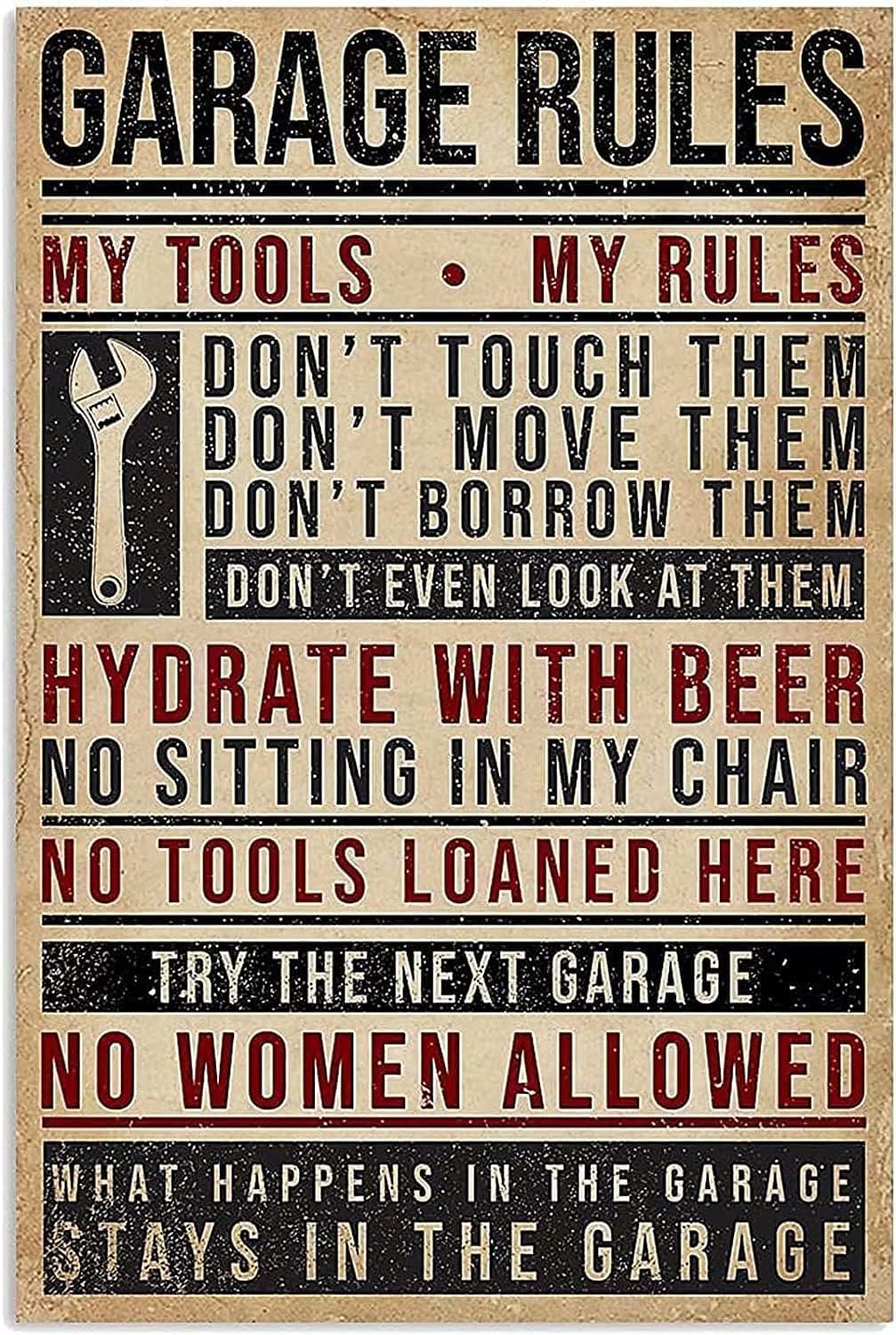 rayprint Garage Rules Tin Sign Farmhouse Home Poster Wall Decor Metal Signs Restaurant Cafe Garage Office Cave Club Bar Pub Wall Art Plaquees 8x12inch
