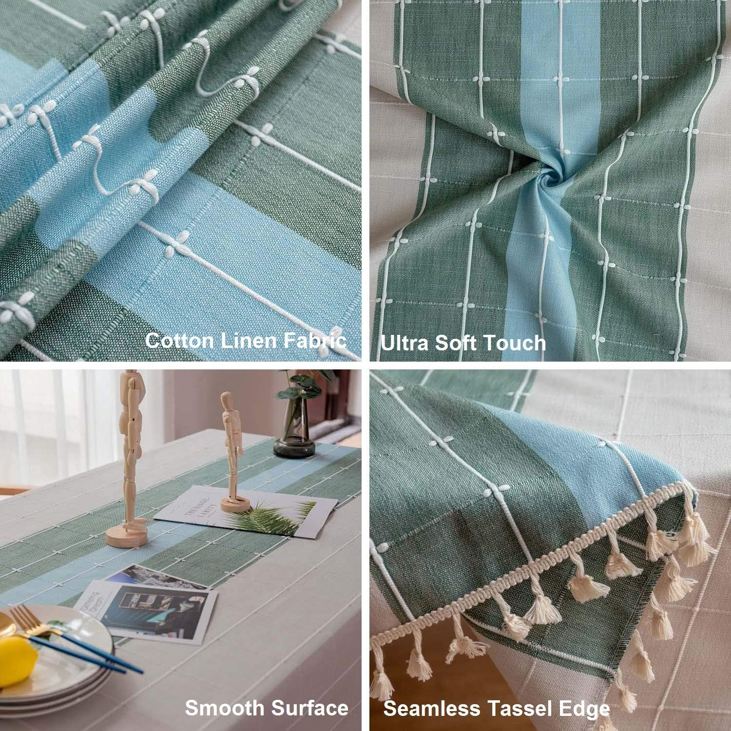 Trendy Moon Tablecloth, Rectangle Table Cloth Cotton Linen Wrinkle Free Anti-Fading Embroidery Checkered Tablecloths Dust-Proof for Kitchen Dining Party (55x120 Inch, Blue-Green Plaid)