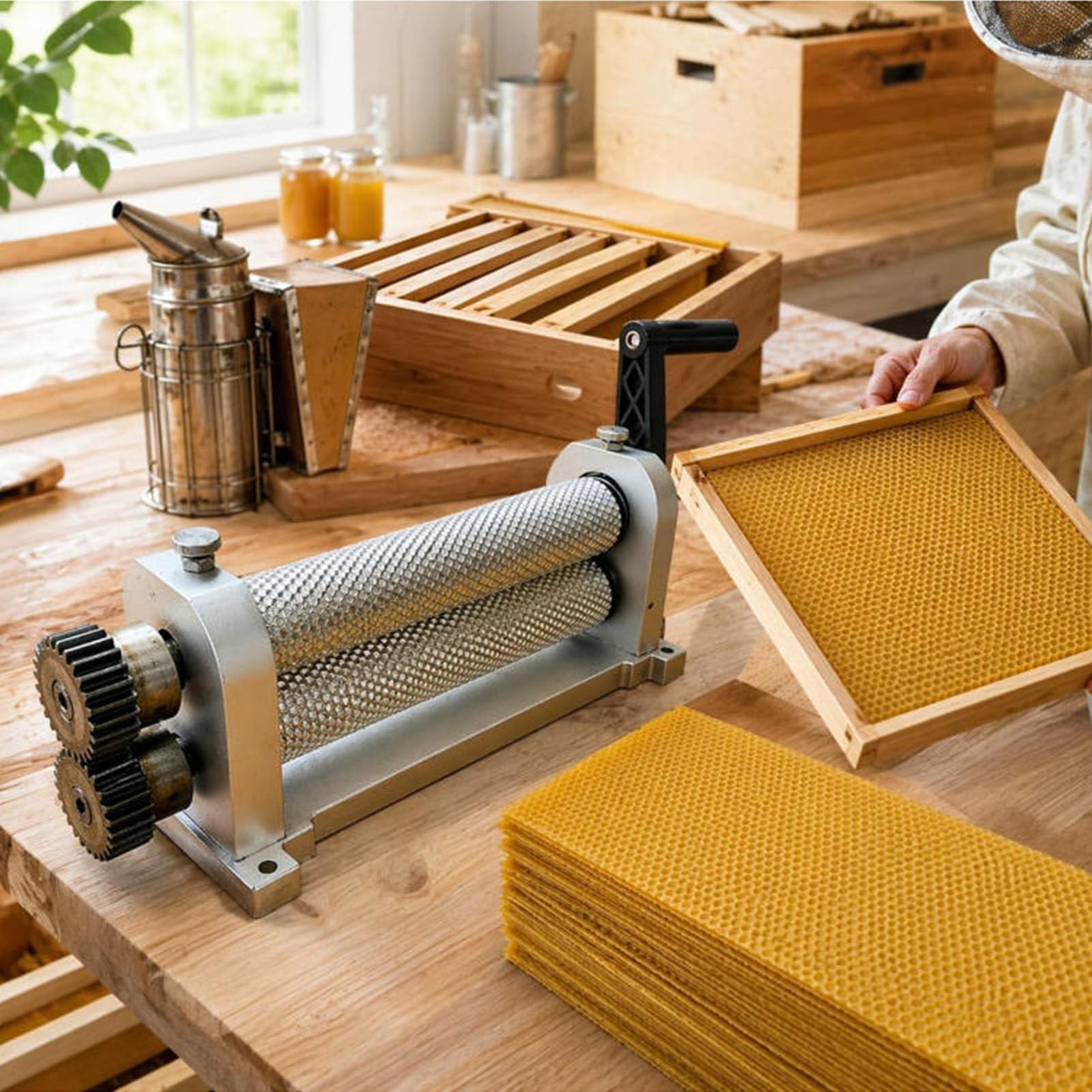 Verstellbarer Prägeapparat für Bienenwachs-Mittelwände,Handbetriebene Wachspresse mit 3 Zellgrößen, Tischgerät für Imker zur Herstellung eigener Mittelwände 5.1mm