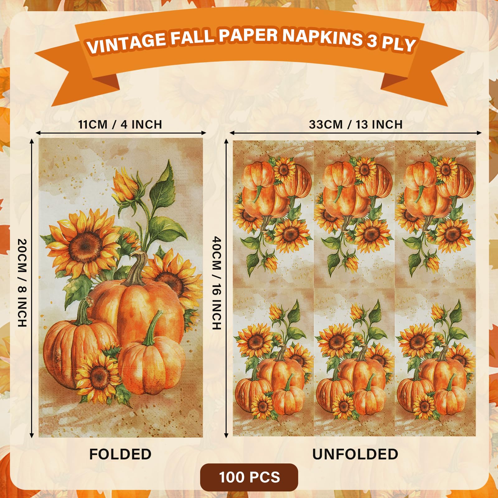 Homlouue 100 servilletas de Acción de Gracias de 3 Capas, servilletas de Papel Desechables de otoño para Cosecha de Acción de Gracias, Fiesta de otoño, Calabaza y Girasol, Toallas de Papel para