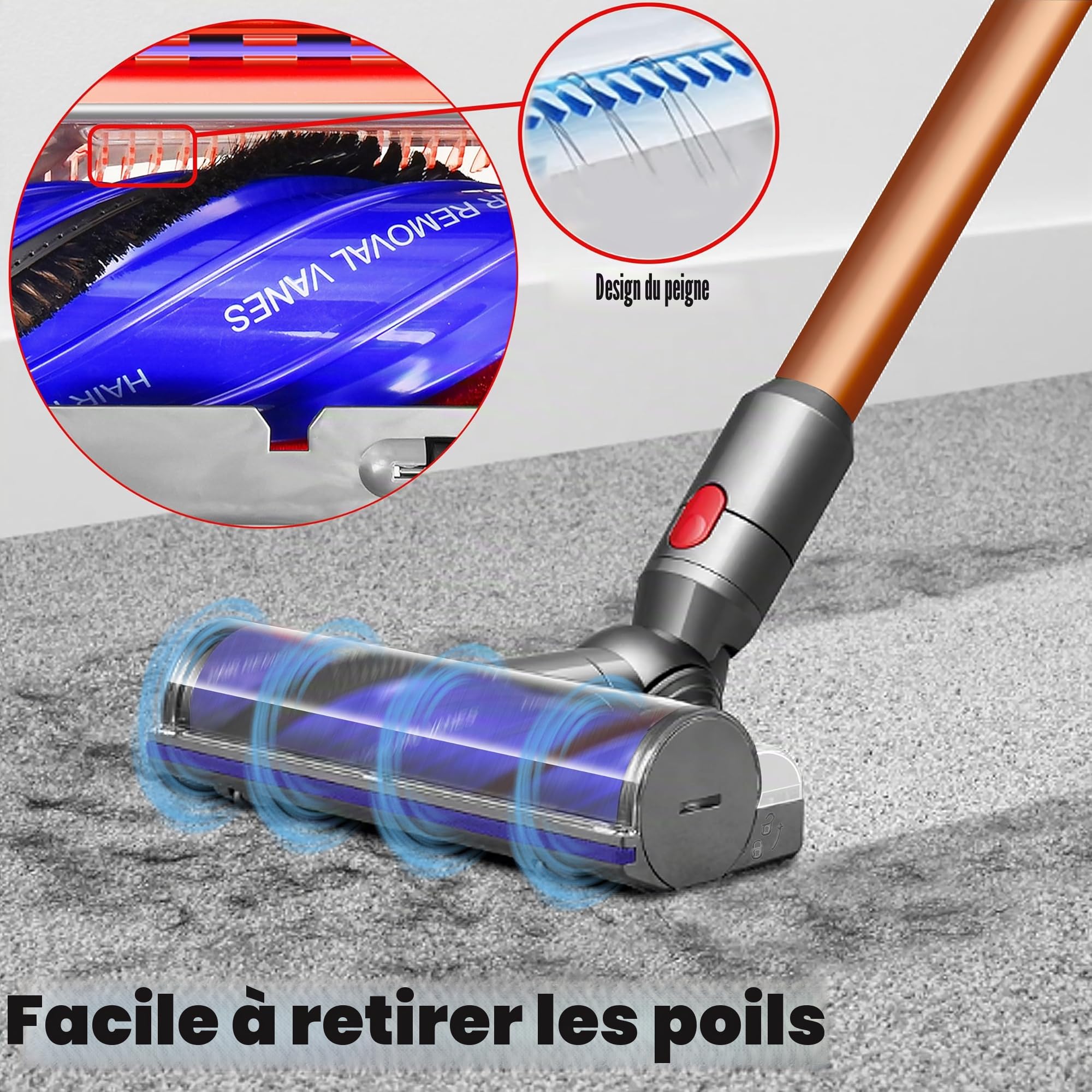 Brosse de rechange compatible pour Dyson V7 V8 V10 V11 V15 Rouleau adapté pour tapis et sols durs, facile à enlever les poils et les cheveux