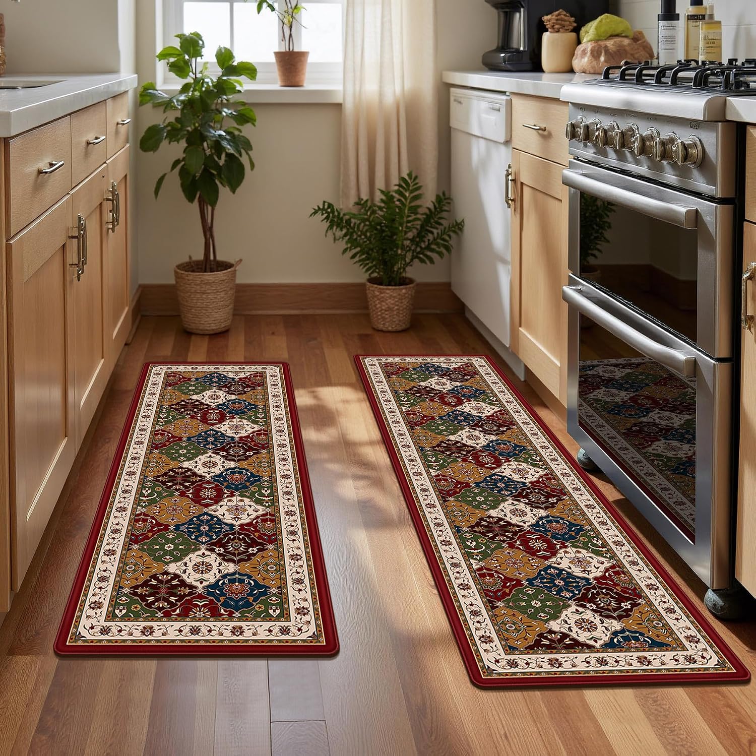Vintage Boho Oriental PVC Kitchen Rugs, Set of 2, Rich Burgundy