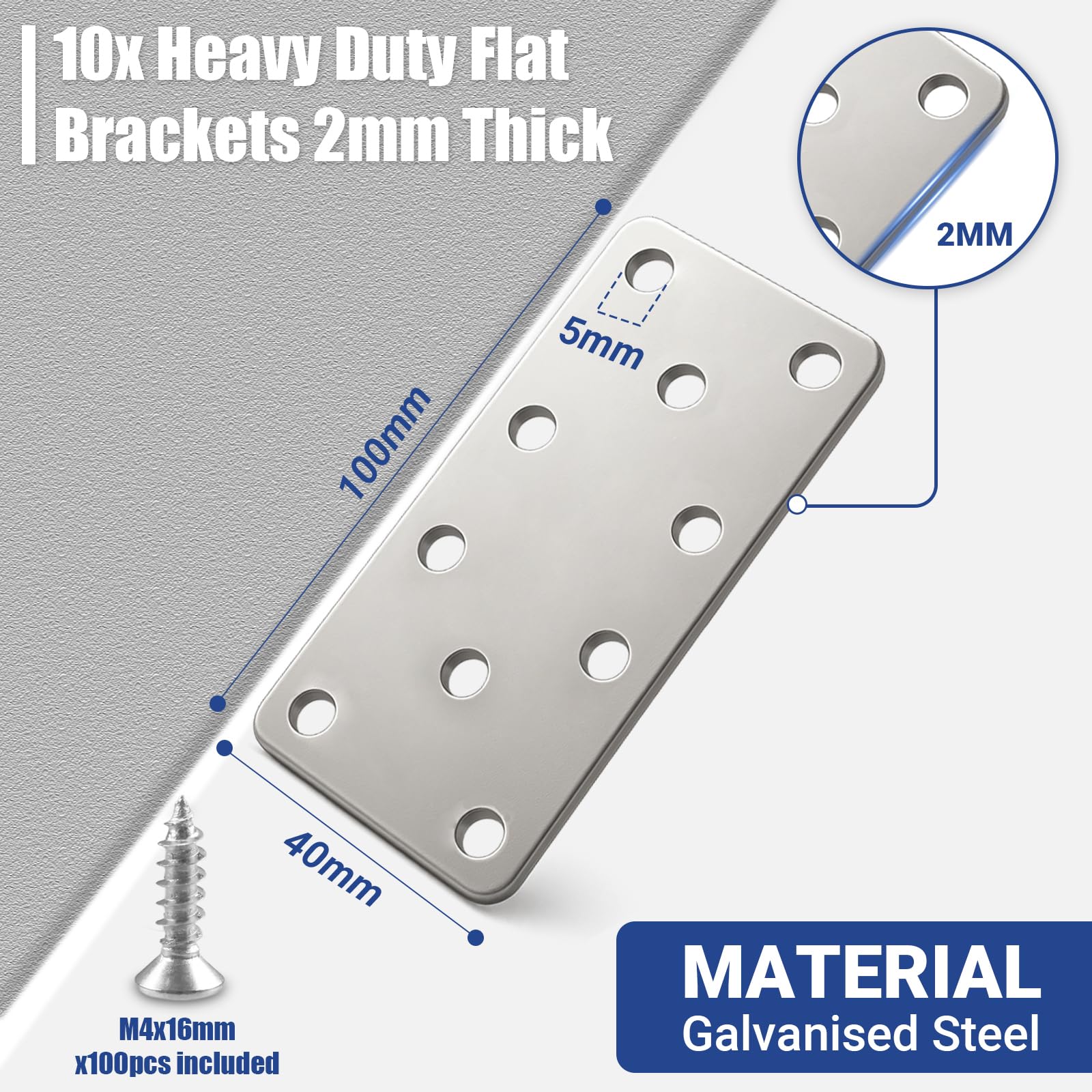 Xyxu Flat Brackets for Wood 10 Sets 100x40x2mm Metal Heavy Duty Straight Sleeper Bracket with Screws - Image 2