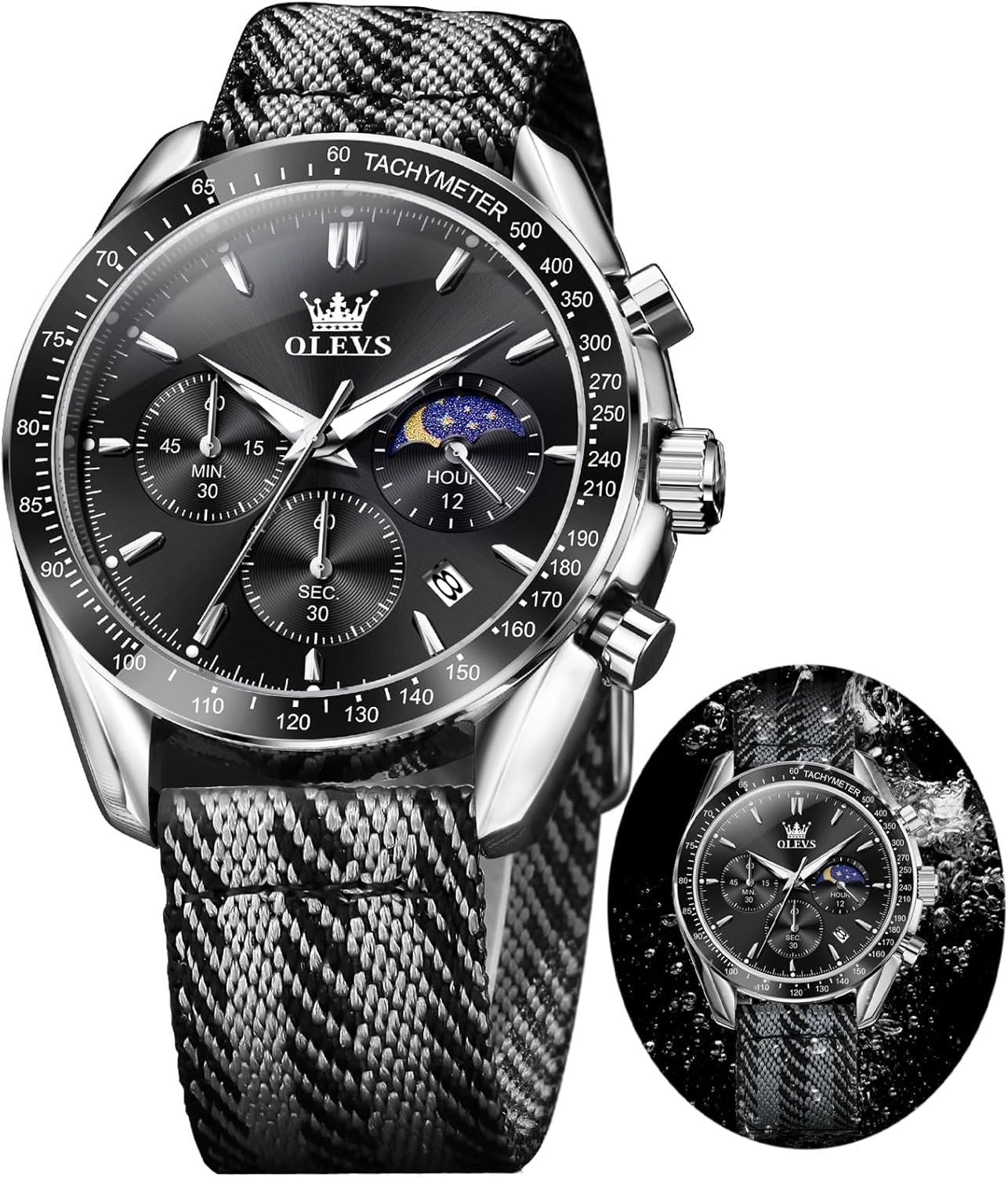 OLEVS Watch Men Black Watches for Men Luxury Casual Fashion Nylon Silver Wrist Watch Large Dial Moon Phase Multifunctional Chronograph Waterproof Analog Quartz Dress Men's Watches Reloj para Hombre