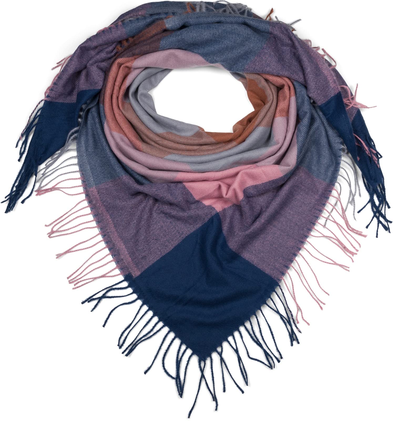 styleBREAKER women square scarf XXL blanket scarf with check print and long fringing, winter scarf, stole, shawl 01017116, Colour:Blue-Rose-Brown