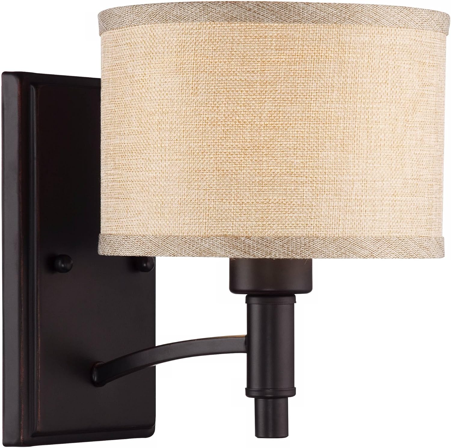 Franklin Iron Works La Pointe Farmhouse Rustic Wall Light Sconces Set of 2 Oil Rubbed Bronze Hardwire 6 3/4" Fixture Oatmeal Linen Drum Shade for Bedroom Bathroom Vanity Living Room Home Hallway