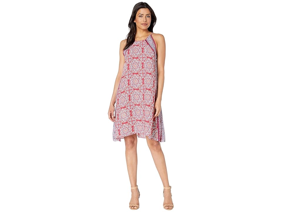 

MAXSTUDIO Printed Poly Crepe Trapeze Dress (Lipstick/Blue Zen Tile Panel) Women's Dress, Pink