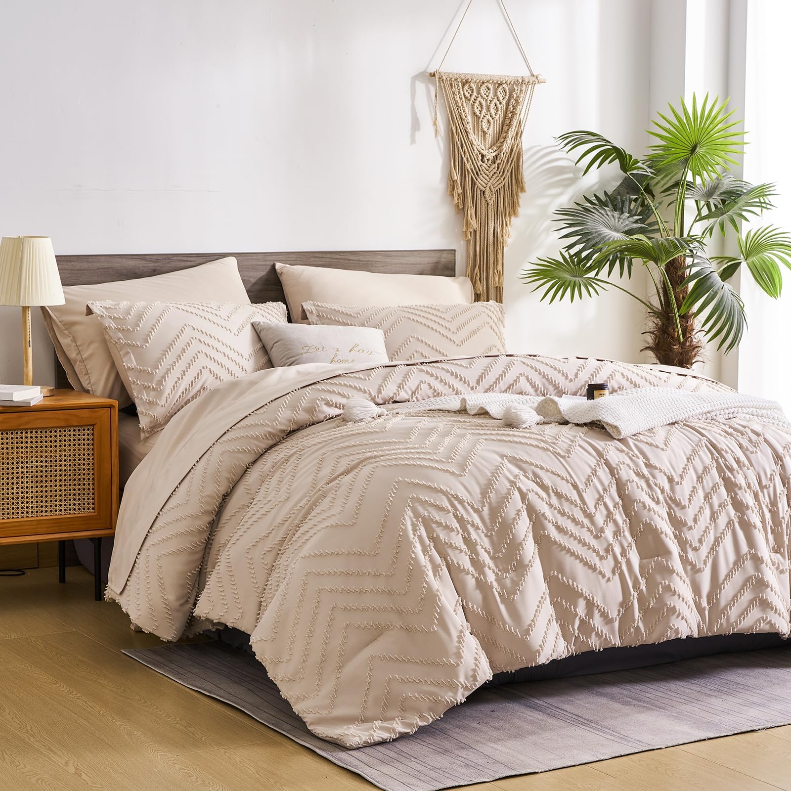 FLYMME Khaki Queen Comforter Set with Sheets,Tufted Bed in a Bag 7 Pieces, Chevron Boho Shabby Chic Farmhouse Bedding Set,Soft Microfiber Comforter for All Season(Khaki,90”*90”)