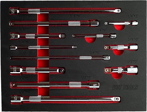 VCT Juego de barra de extensión de 12 piezas, barra de extensión de enchufe de 1/4", 3/8" y 1/2", CR-V, acabado espejo PRO GRADE Shop Tools