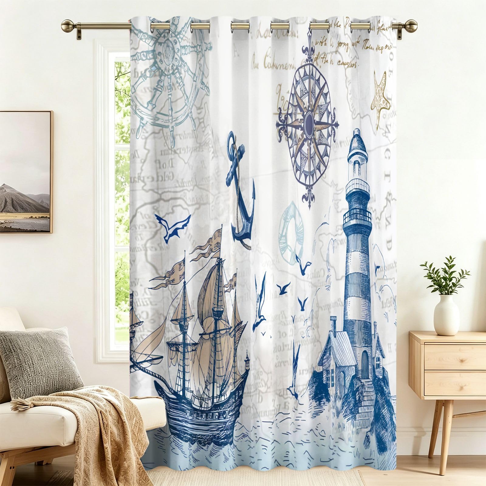 Fadaing Room Divider Curtains, Blackout, Retro Nautical Curtains with Eyelets, 1 Piece, 183 x 132 cm, Blackout Thermal Curtains, Heat Insulating, Winter, Summer, Thermal Protection, Indoor Sun