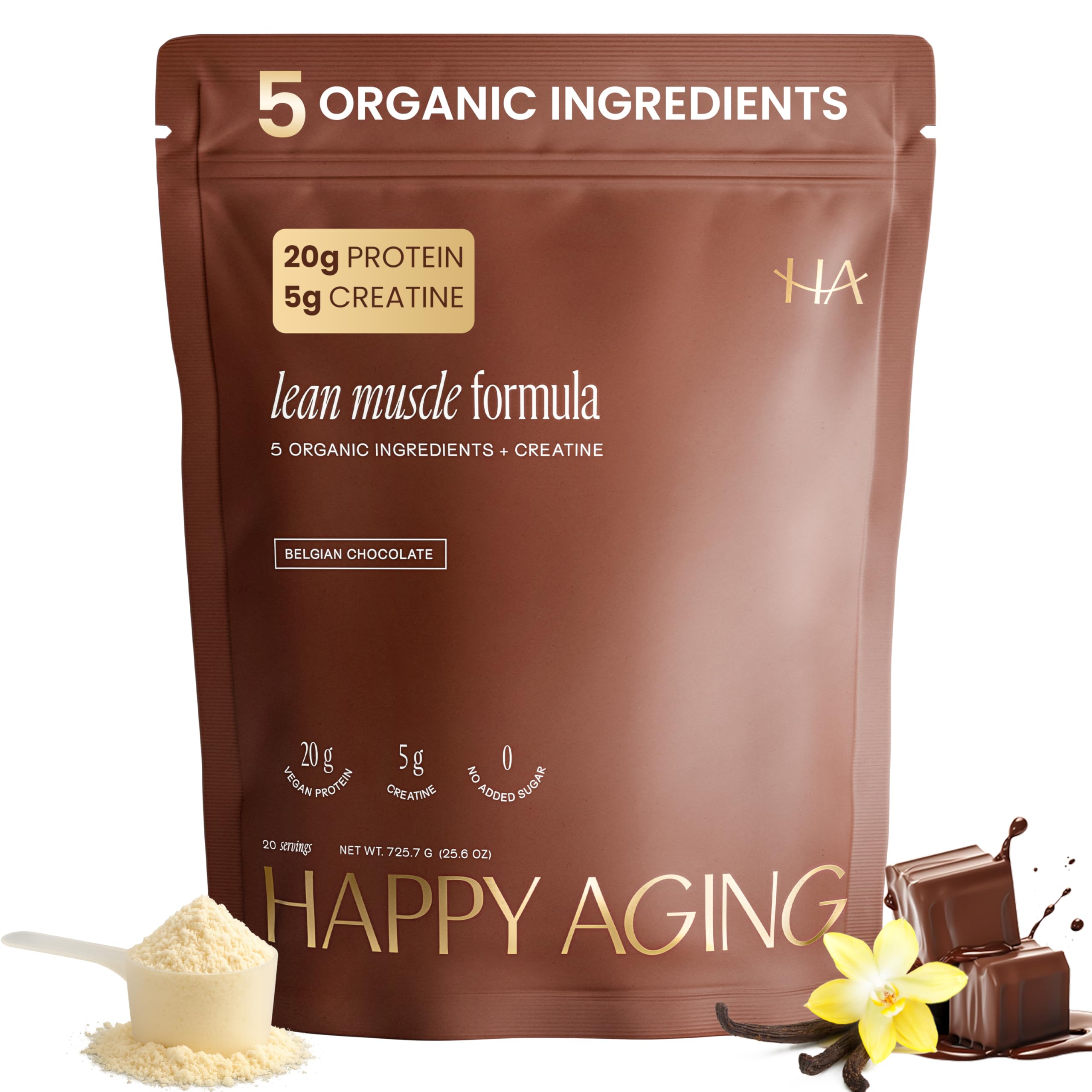 Happy Aging Protein Powder for Women, 20g Organic Pea & Pumpkin Seed Protein, 5g Creatine, Monk Fruit Sweetened, Organic Cocoa & Chia, Vegan Plant Based Protein