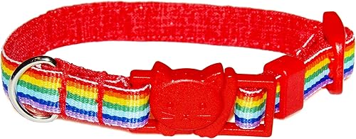 Rainbow Cat Collar - Colorful Ribbon Stripe - 3/8 Inch Wide - 2 Sizes - Breakaway Safety Buckle - Handmade by Green Acorn Kitchen (Kitten - 6 to 8.5