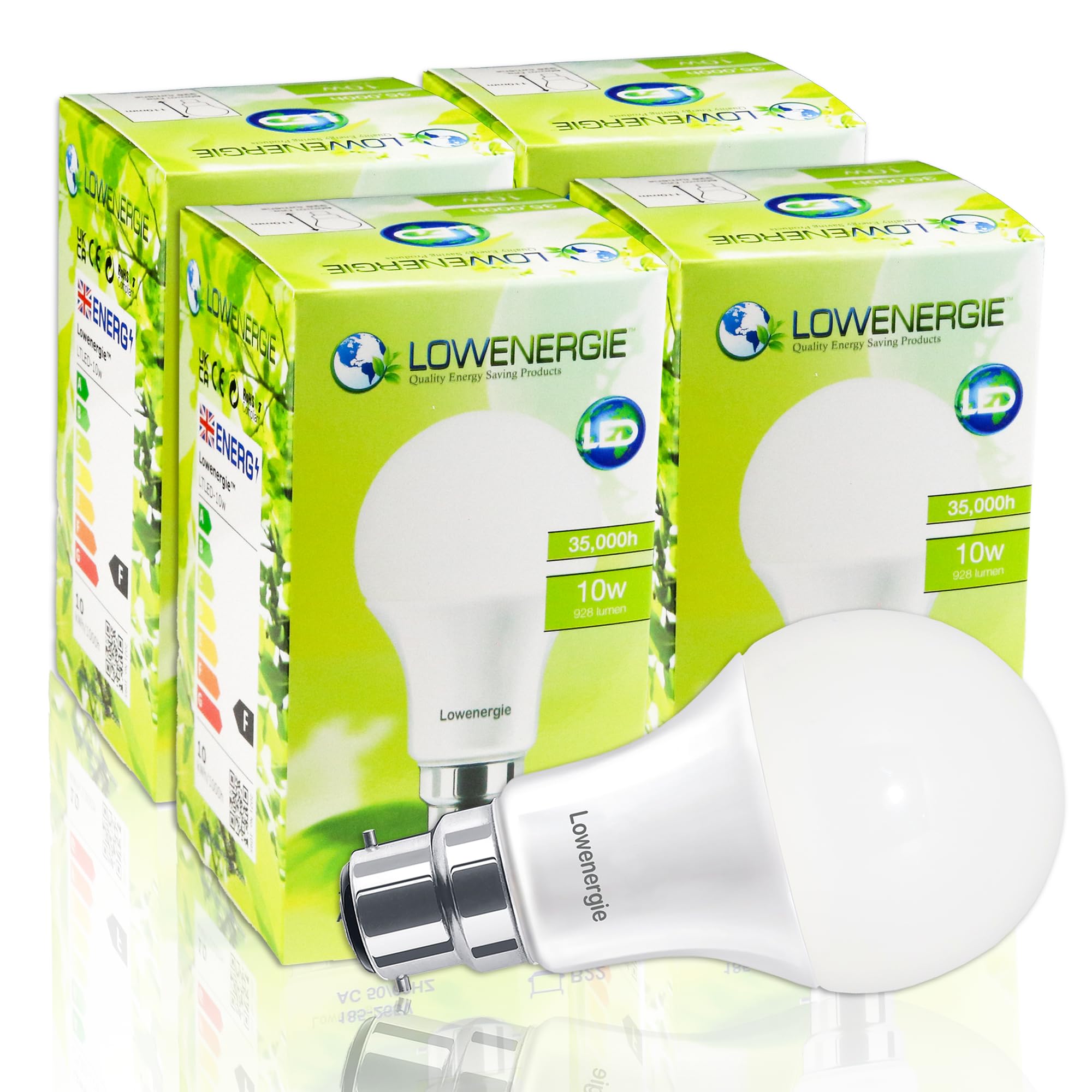 LOWENERGIE LED Light Bulbs 10W Bayonet B22 Day White 6000K A60 GLS Lamps – Pack of 4 Energy-Saving Everyday Lighting [Energy Class F]