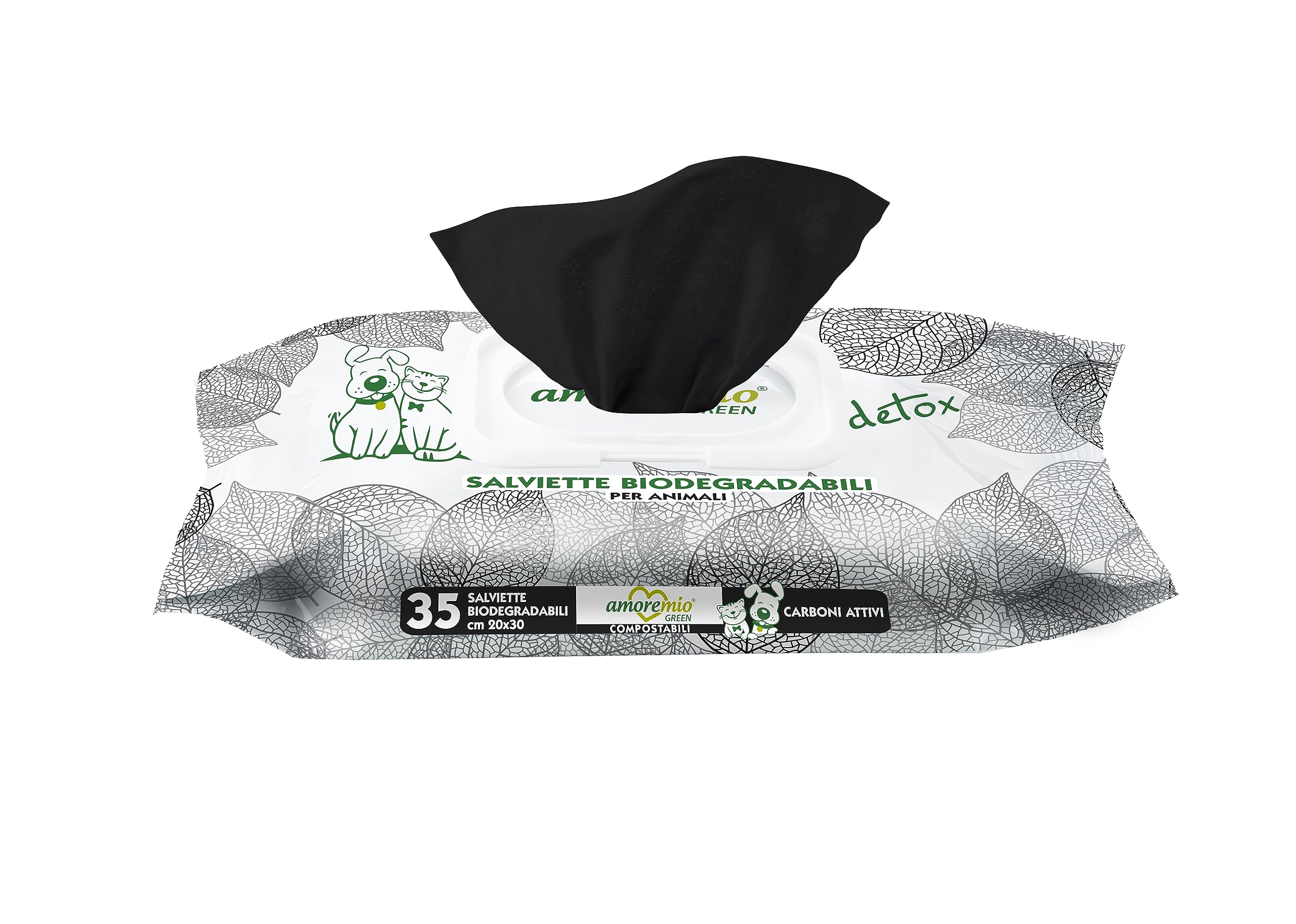 Amore Mio | 175 Salviette Detox ai Carboni Attivi Extra Large per Il Manto di Cani, Gatti, Disinfettanti e Igienizzanti, Salviette Biodegradabili 30x20 cm - 5 Confezioni da 35 Salviettine
