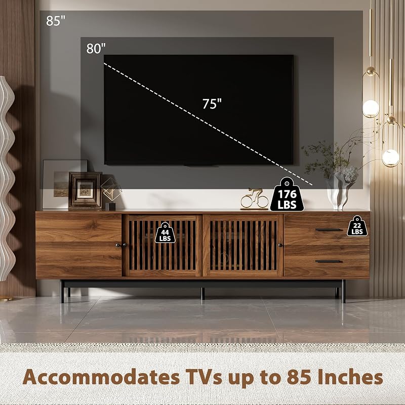 Merax 78" TV Stand for TVs Up to 85", Media Console with Slatted Doors image 5