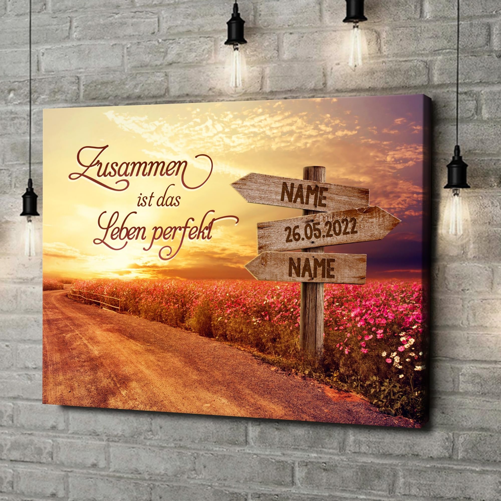 Liebesleinwand Leinwand personalisiert Weg zum Glück | Geschenk für sie oder ihn zum Jahrestag, Verlobung, Hochzeitstag | Leinwandbild gestalten mit Namen und Datum
