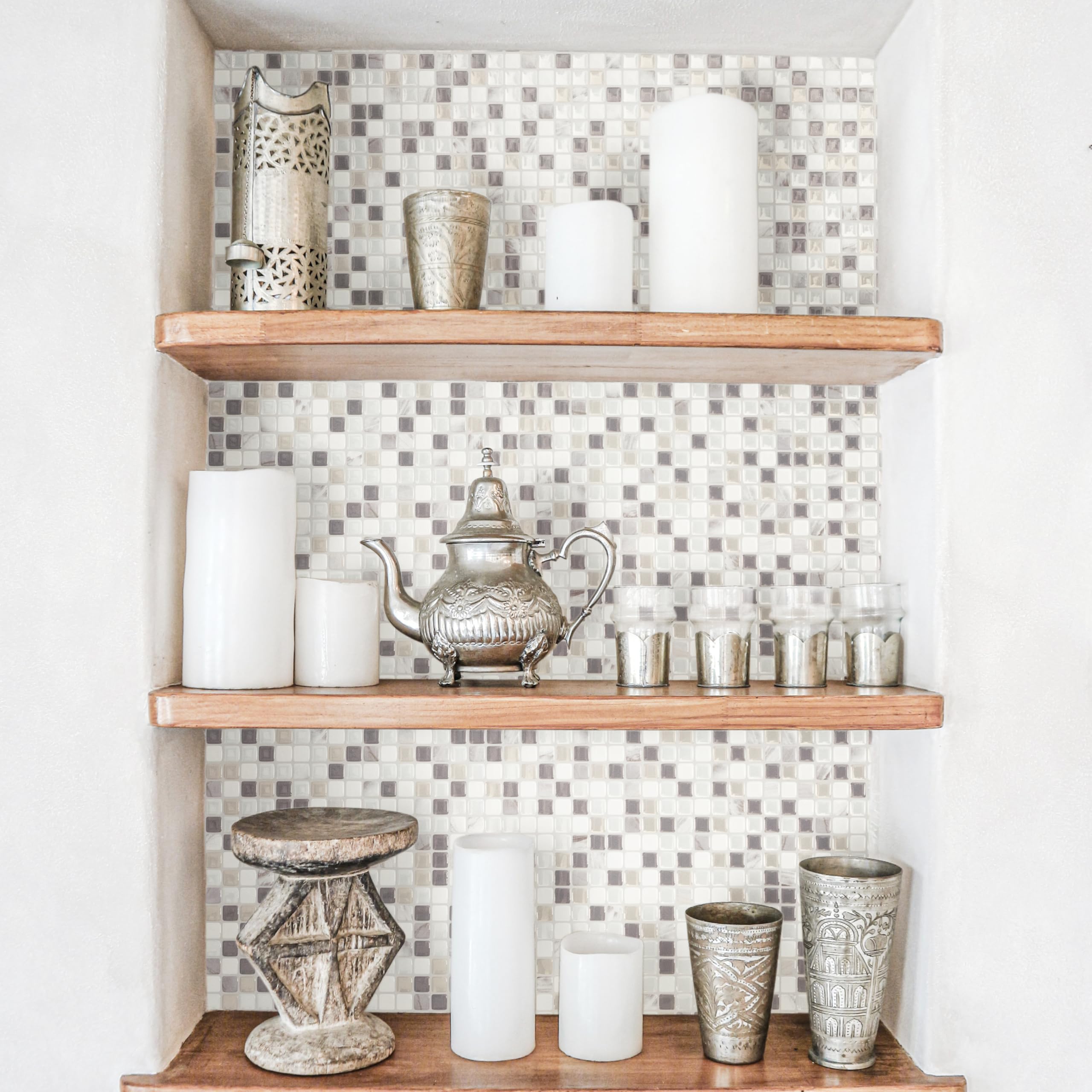 Smart Tiles Crédence adhésive pour cuisine et salle de bain, sticker carrelage mural, carreaux beige, gris et blanc autocollants, lot de 5 feuilles, 25,91 x 23,11 cm
