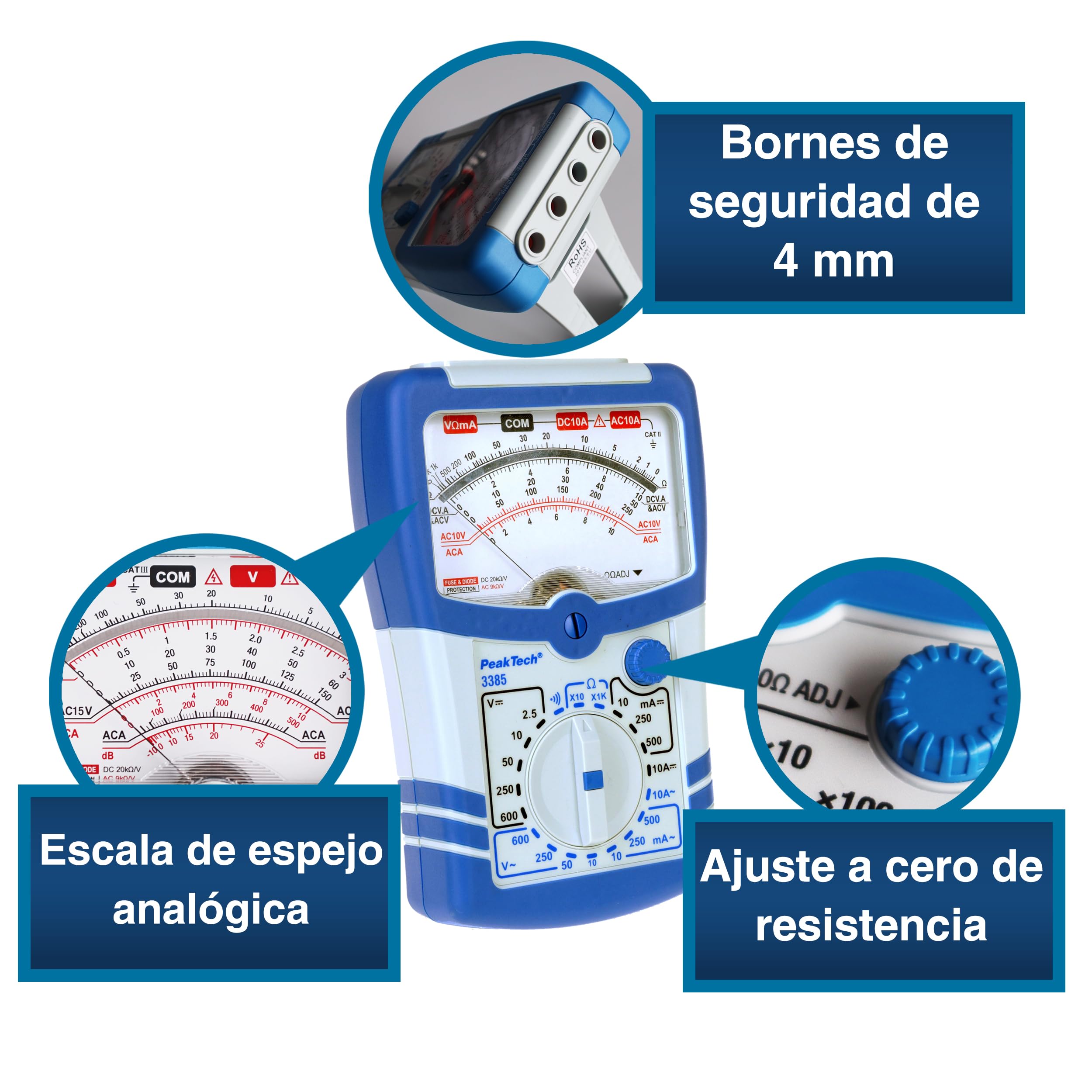PeakTech, Multímetro analógico P 3385, Aparato de medida con voltímetro, amperímetro, comprobador de continuidad, ohmímetro, Hasta 600V AC DC 10A, Apto para instalación eléctrica de 230V