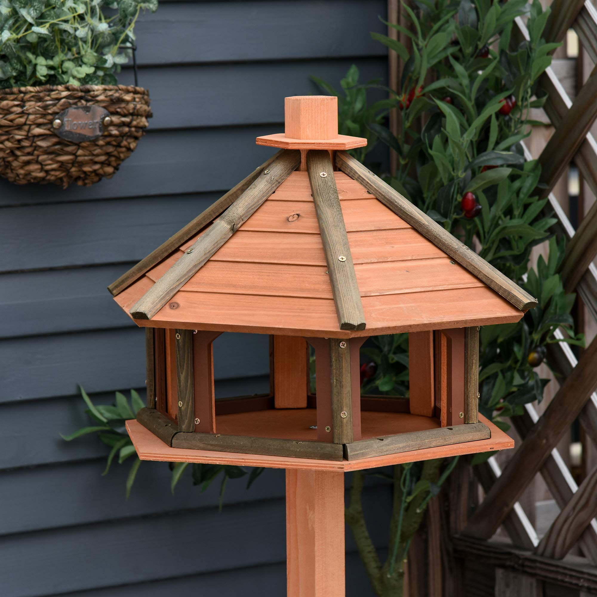 PawHut Comedero para Pájaros de Pie de Madera Maciza Ø52x130 cm con Techo Alimentador de Aves Silvestres Jardín Natural