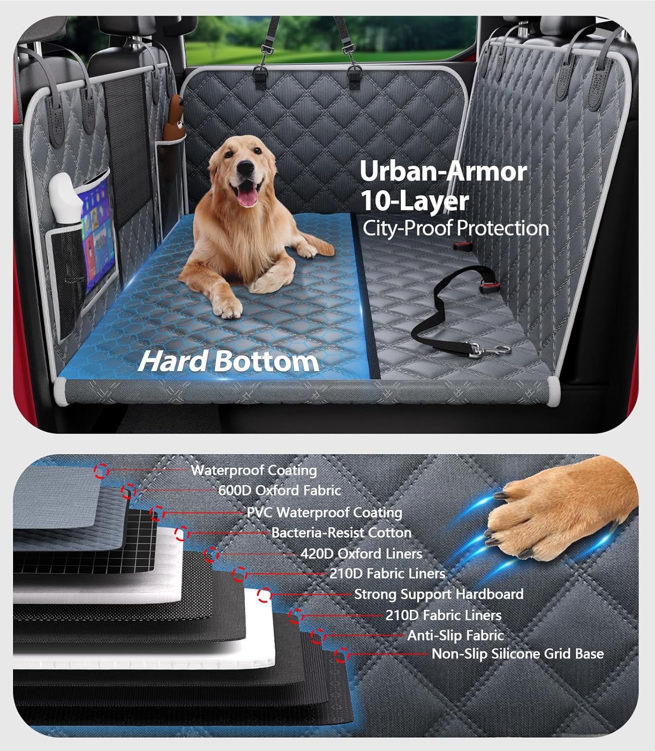 PetGenie Dog Car Seat Cover for Back Seat 10-Layer Military-Grade Protection, Hard Bottom Dog Hammock, Pet Bed Extender for Dogs, Waterproof Seat Protector Universal L Size Fits for SUV Medium Truck