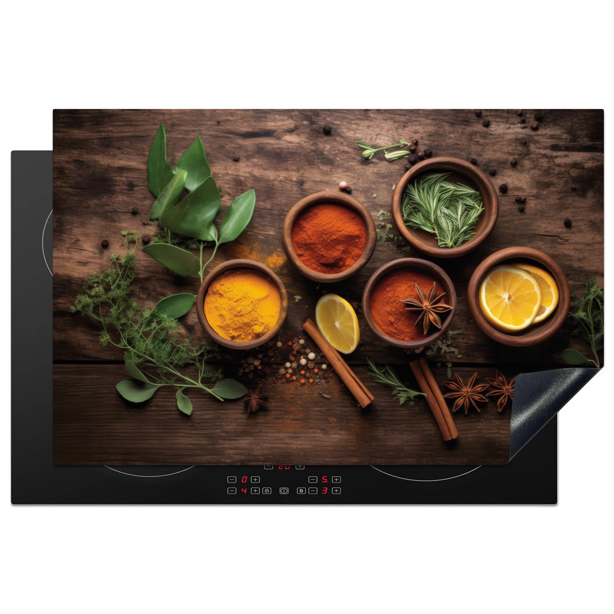 KitchenYeah© Induction Hob Cover Protector Mat 20.5"x31.5" / 80x52 cm Kitchen Universal Ceramic Covers for Electric Cookers Vinyl Fruit - Spices - Herbs - Cinnamon - Wood Print