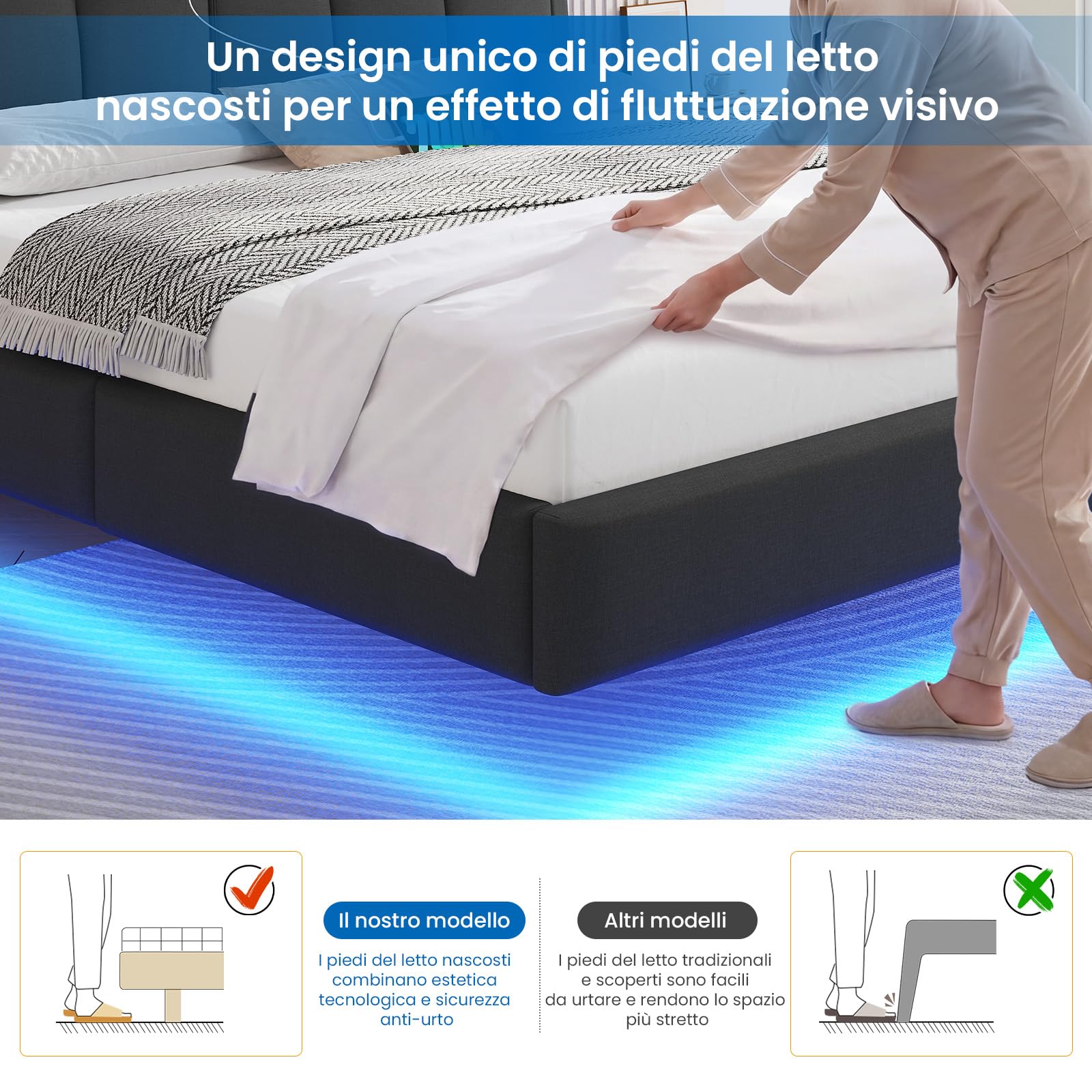 Letto matrimoniale 160x200cm Flottante Testiera Imbottita, LED, USB, Grigio