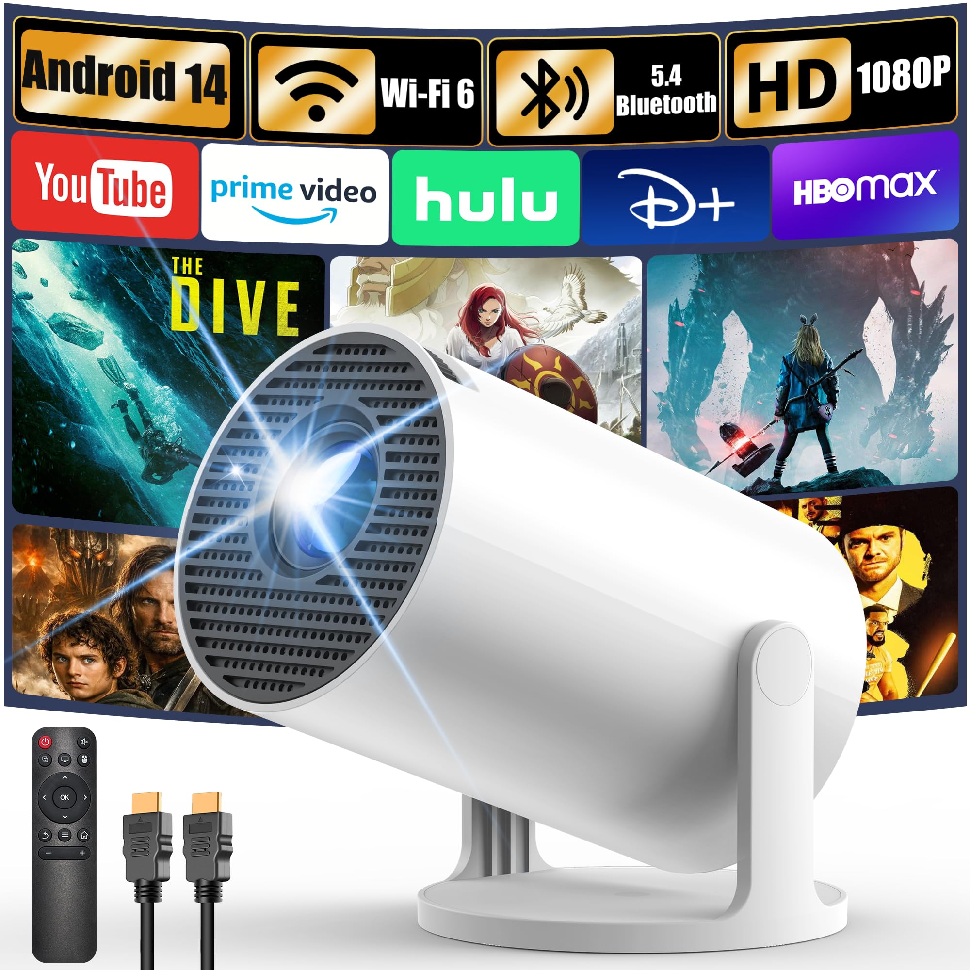 Yoton Mini Beamer 4K Full HD 1080P Android 14.0 Smart Projektor WiFi 6 Bluetooth 5.4 200ANSI 8000L Weiß